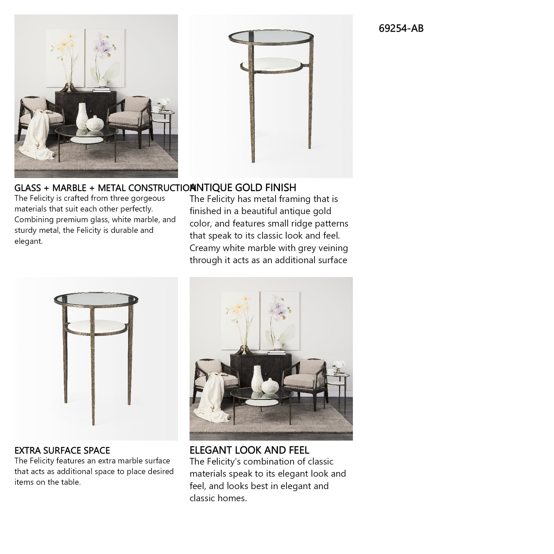 Felicity 15.8L X 15.8W X 22.5H Glass Top W/ White Marble Shelf and Antique Gold Base End/Side Table — in a styled room