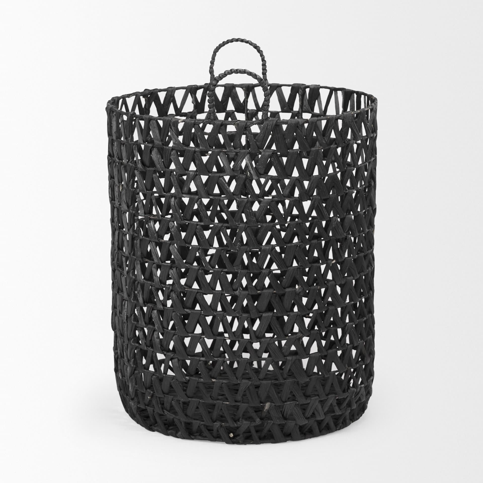Lola (Set of 3) Black Water Hyacinth Zig Zag Weave Round Basket W/ Handles — product photograph