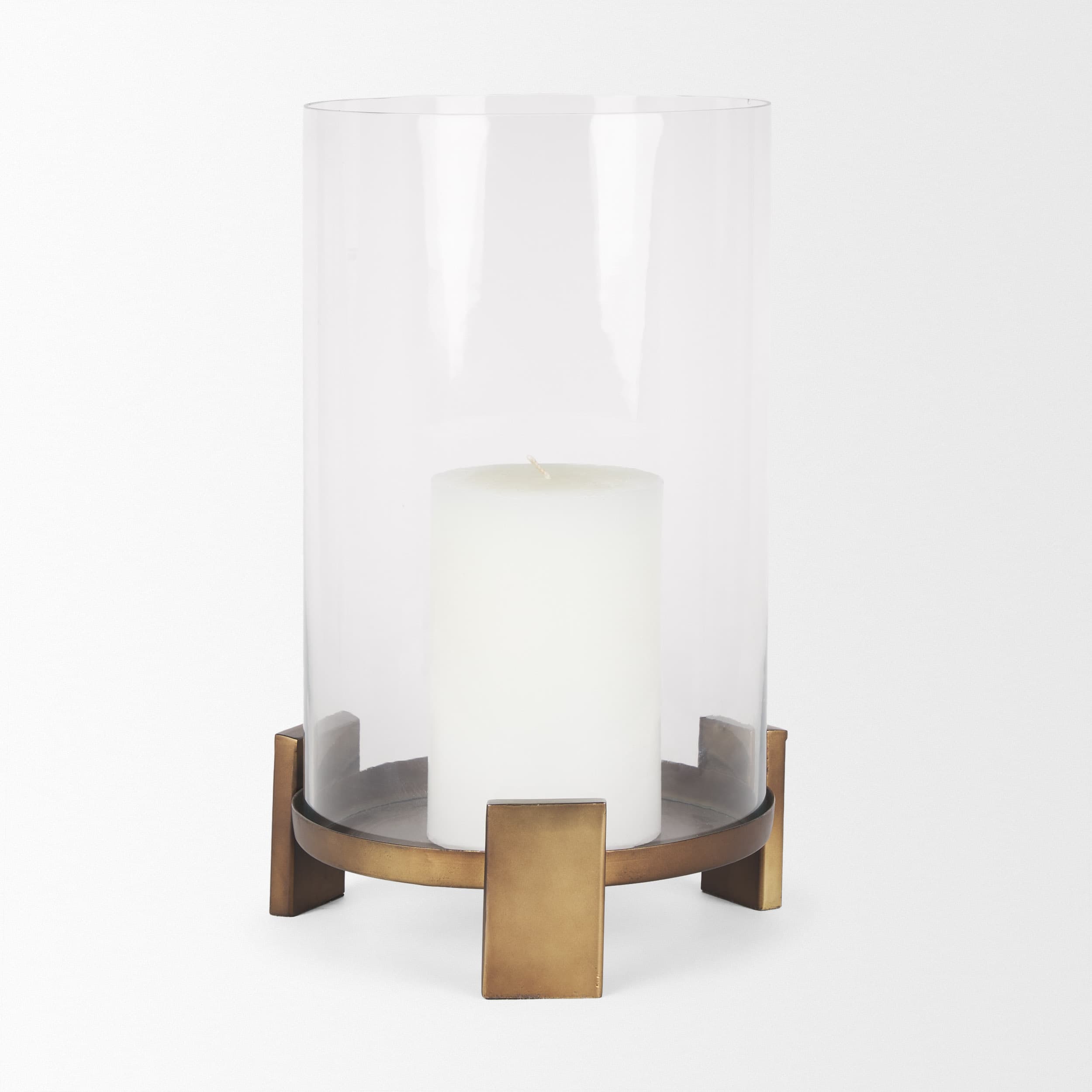 Price Large Antiqued Gold Metal w/ Glass Hurricane Candle Holder — product photograph