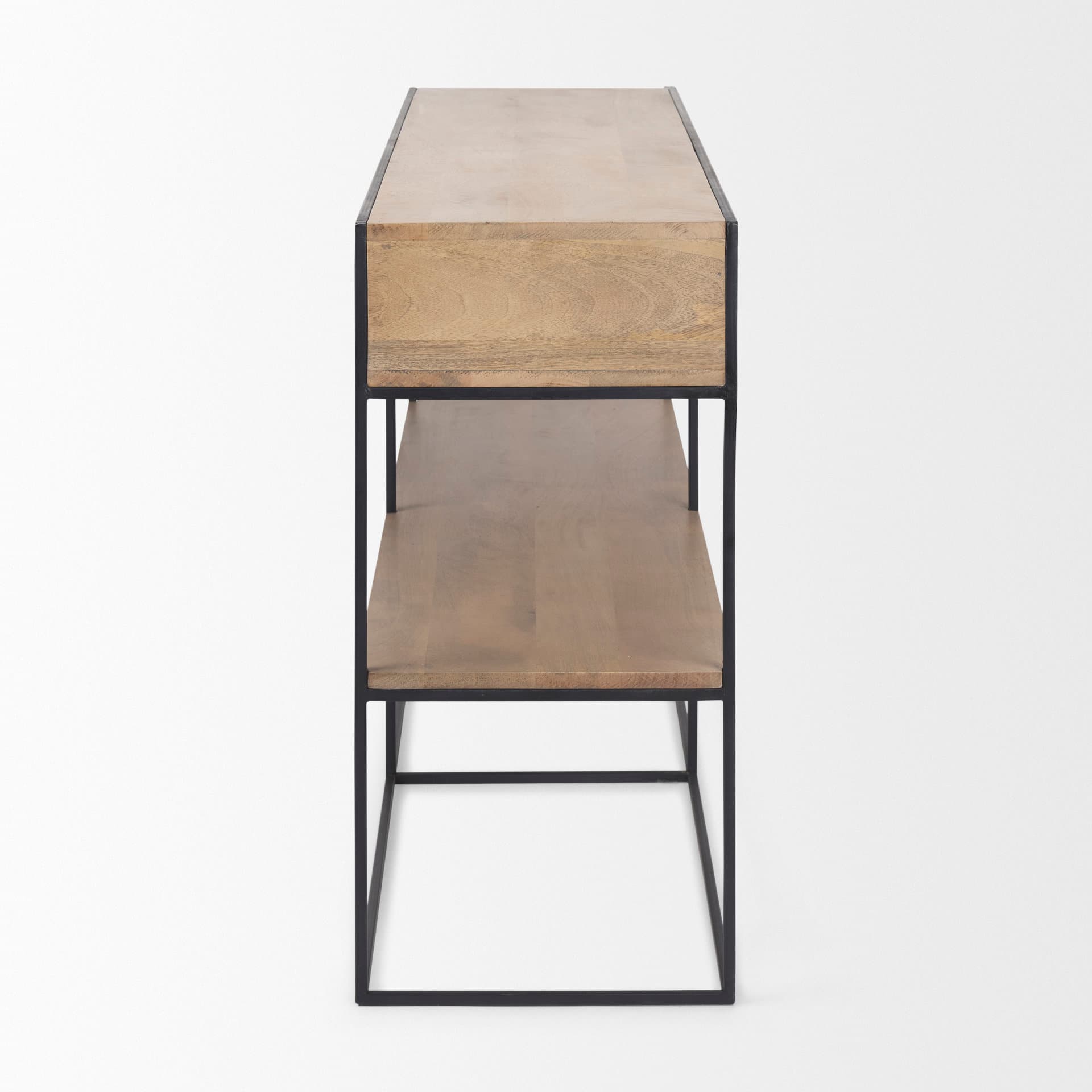 Morris 63.0L x 15.0W x 31.0H Beige Wood w/ Black Metal Frame 2 Drawer Console Table — product photograph