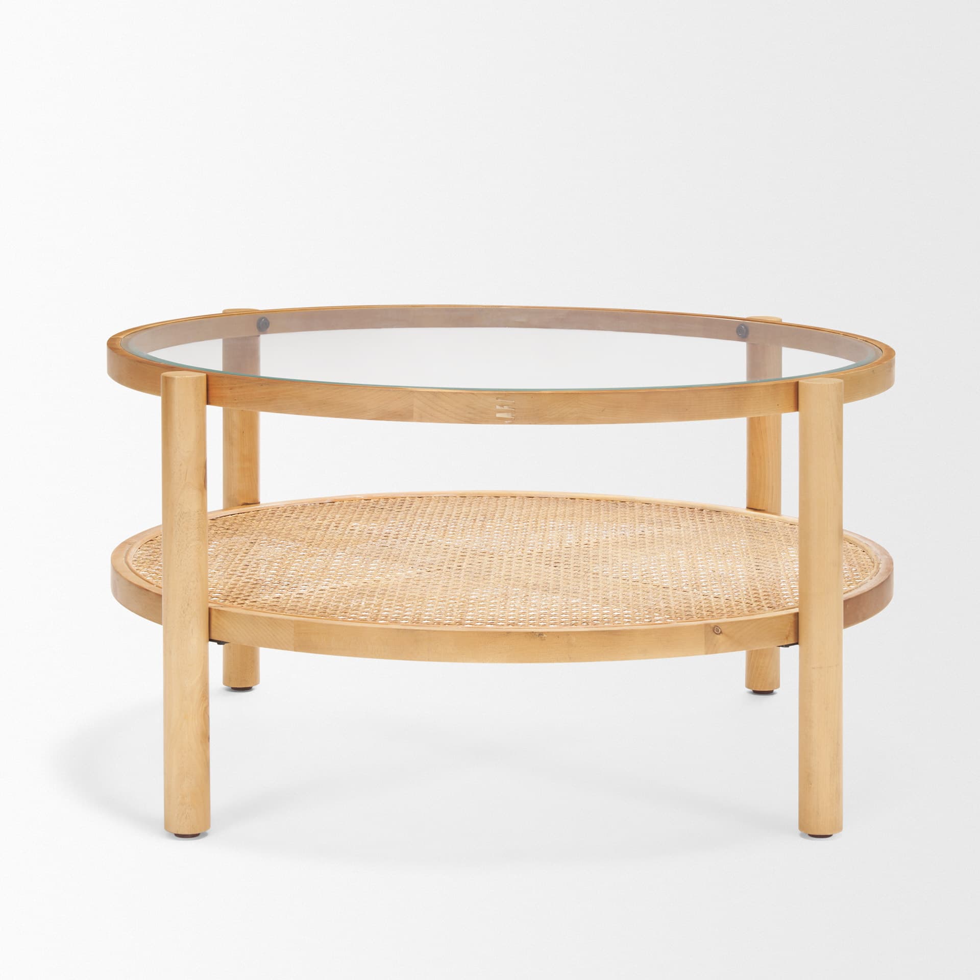 Weslyn Solid Light Brown Wood and Glass Top w/ Cane Coffee Table — product photograph