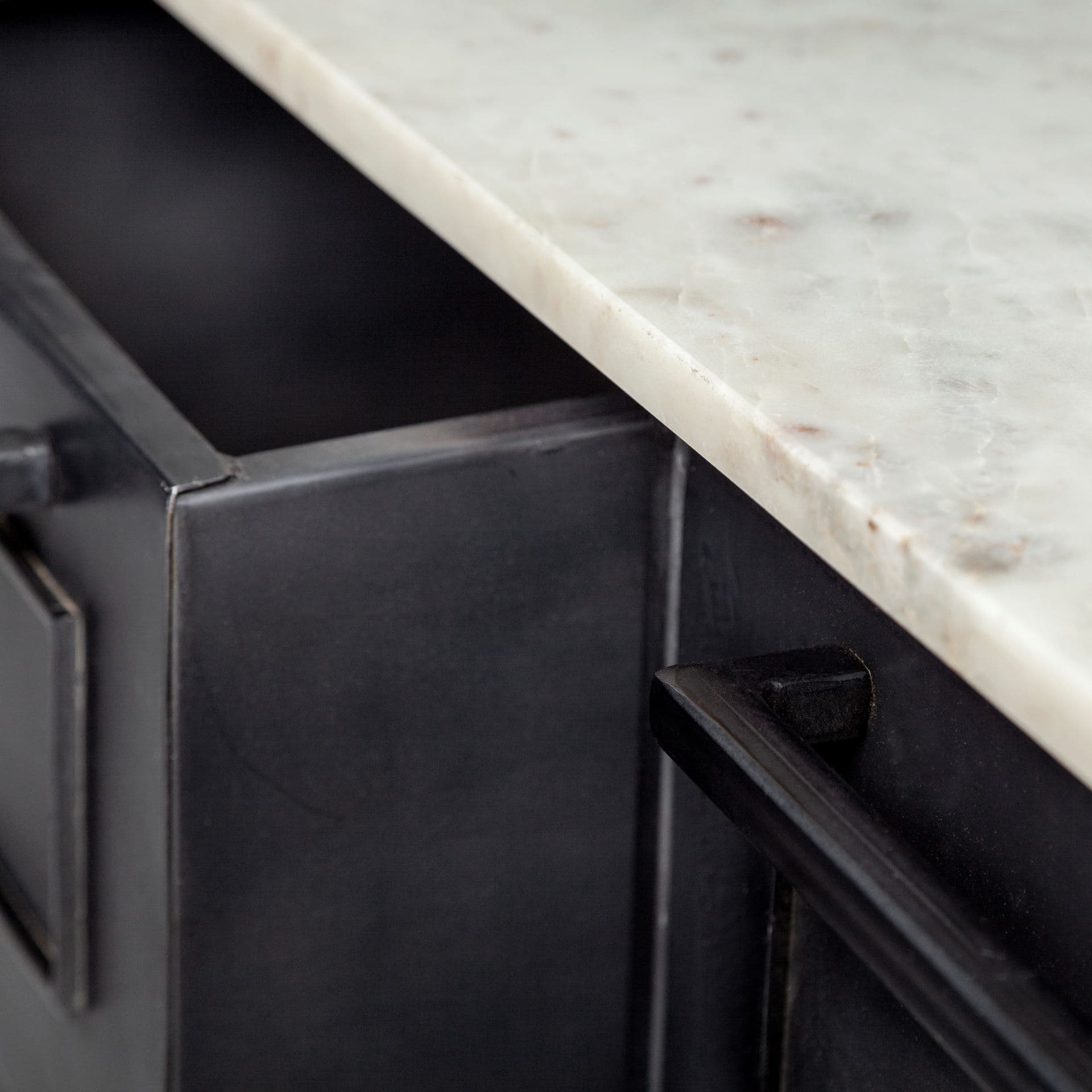 Fieri Solid Iron Black Body White Marble Top Four Drawer Kitchen Island — product photograph