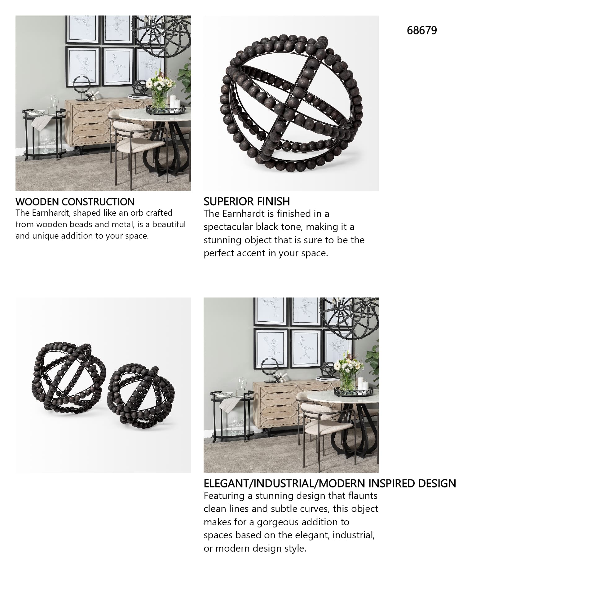 Earnhardt II Large 11L x 11W Black Wooden Beaded Orb — in a styled room