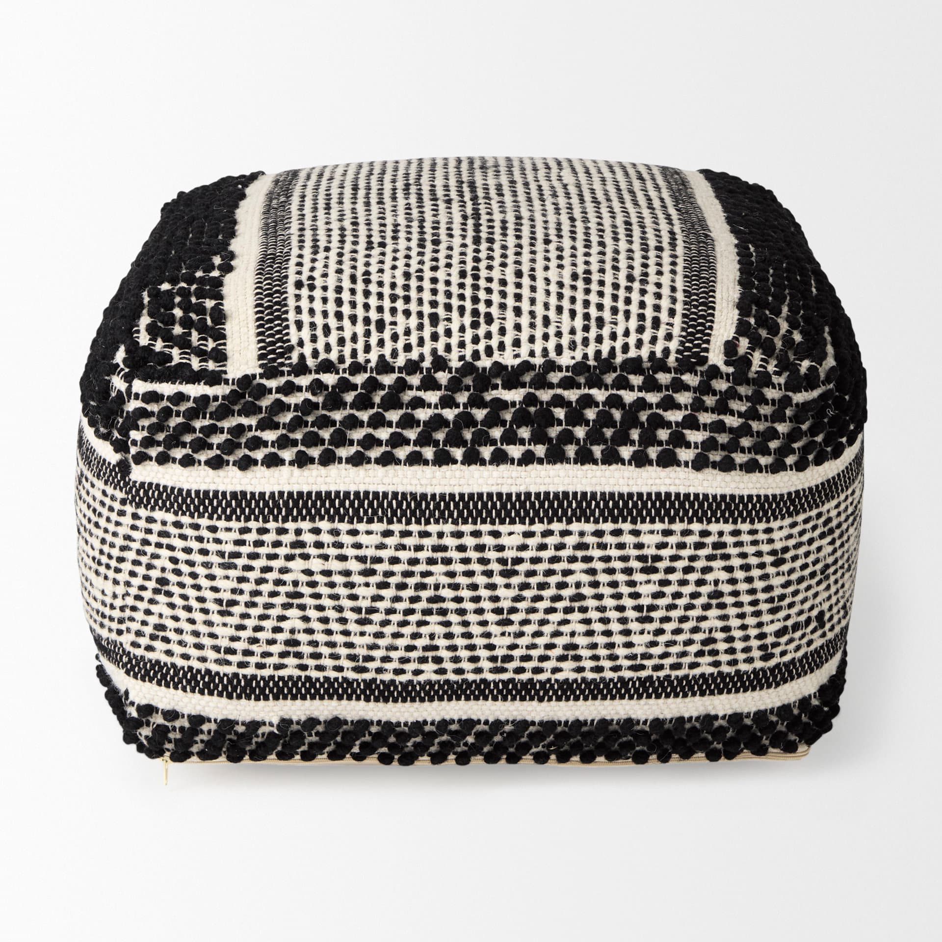 Garima 22.0L x 22.0W x 14.0H Black/White Wool and Cotton Patterned Pouf — product photograph