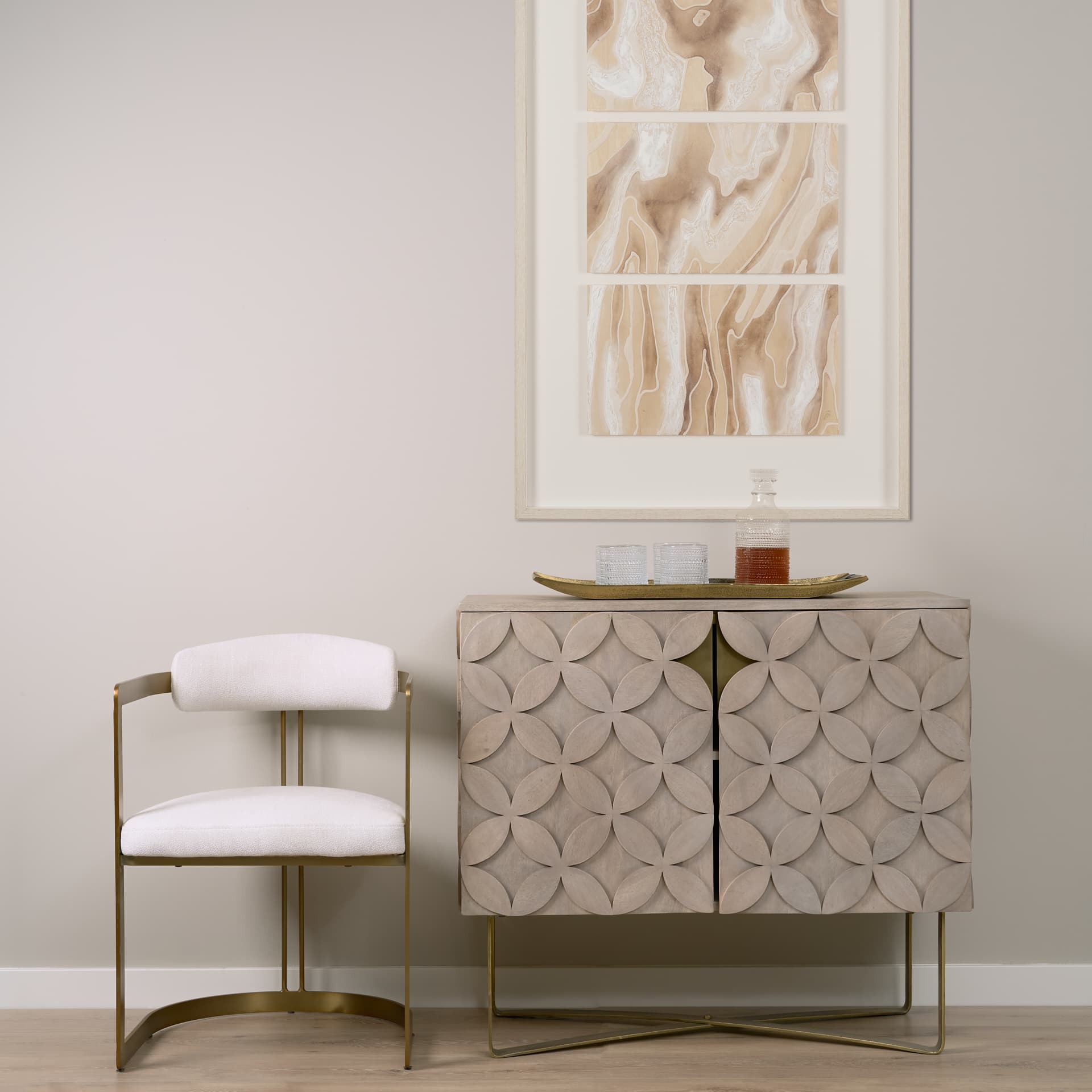 Excelsior 36.0L x 18.0W x 32.5H Light Brown Wood Gold Iron Base Accent Cabinet — product photograph