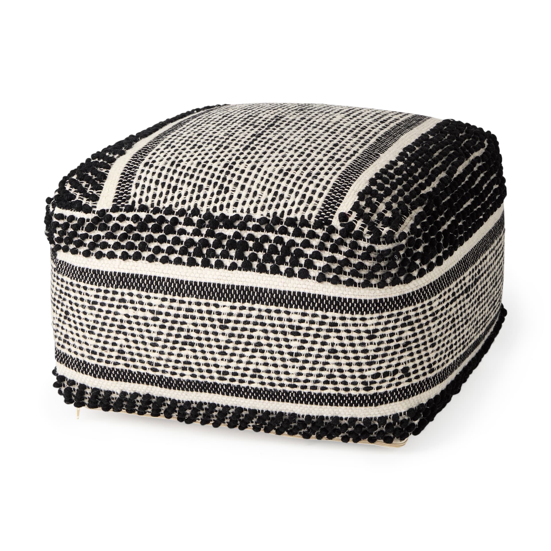 Garima 22.0L x 22.0W x 14.0H Black/White Wool and Cotton Patterned Pouf — product photograph