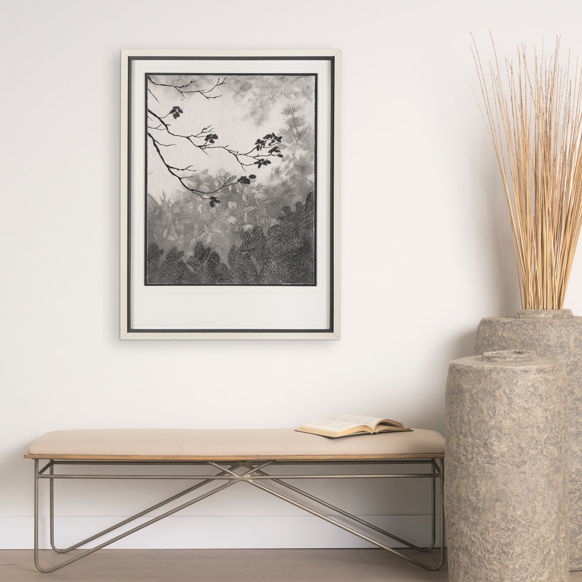 Leafy Shade I by Mercana Studio a Hand Embellished Textured Framed Art Print Matted under Glass — in a styled room
