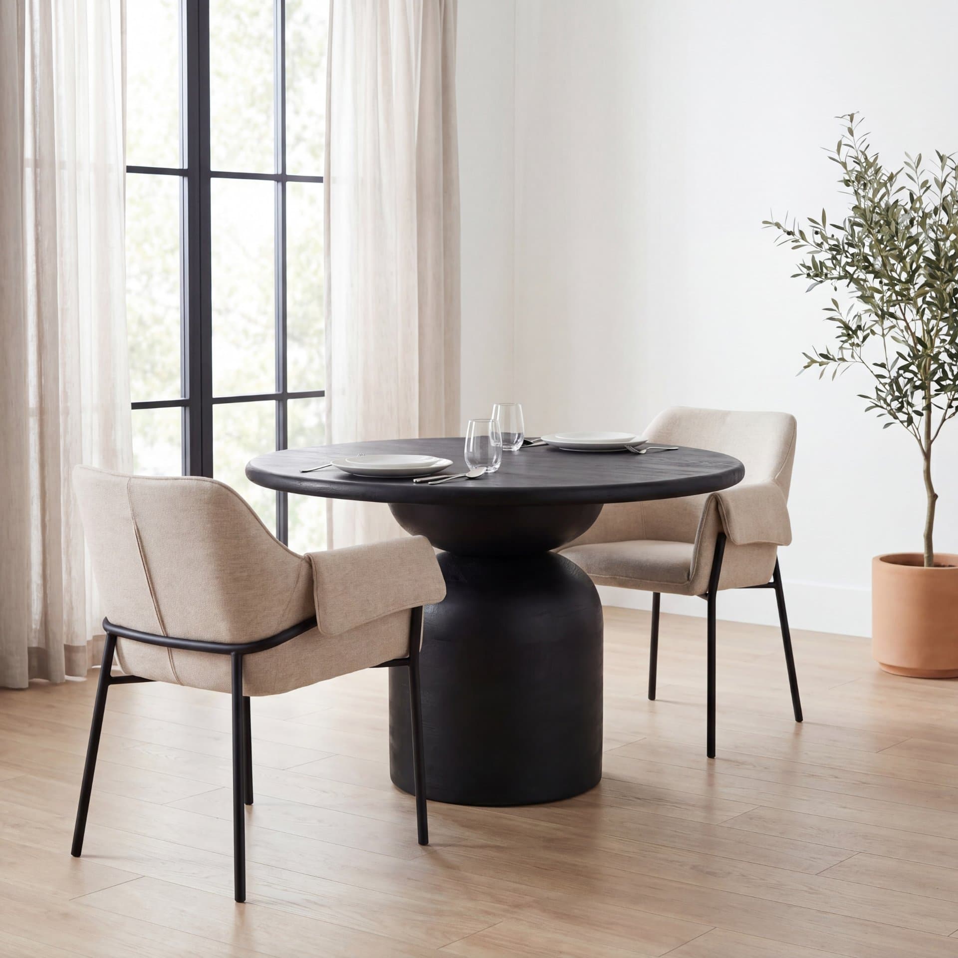Brently Curved Back Dining Arm Chair | Oatmeal Fabric w/ Metal — product photograph
