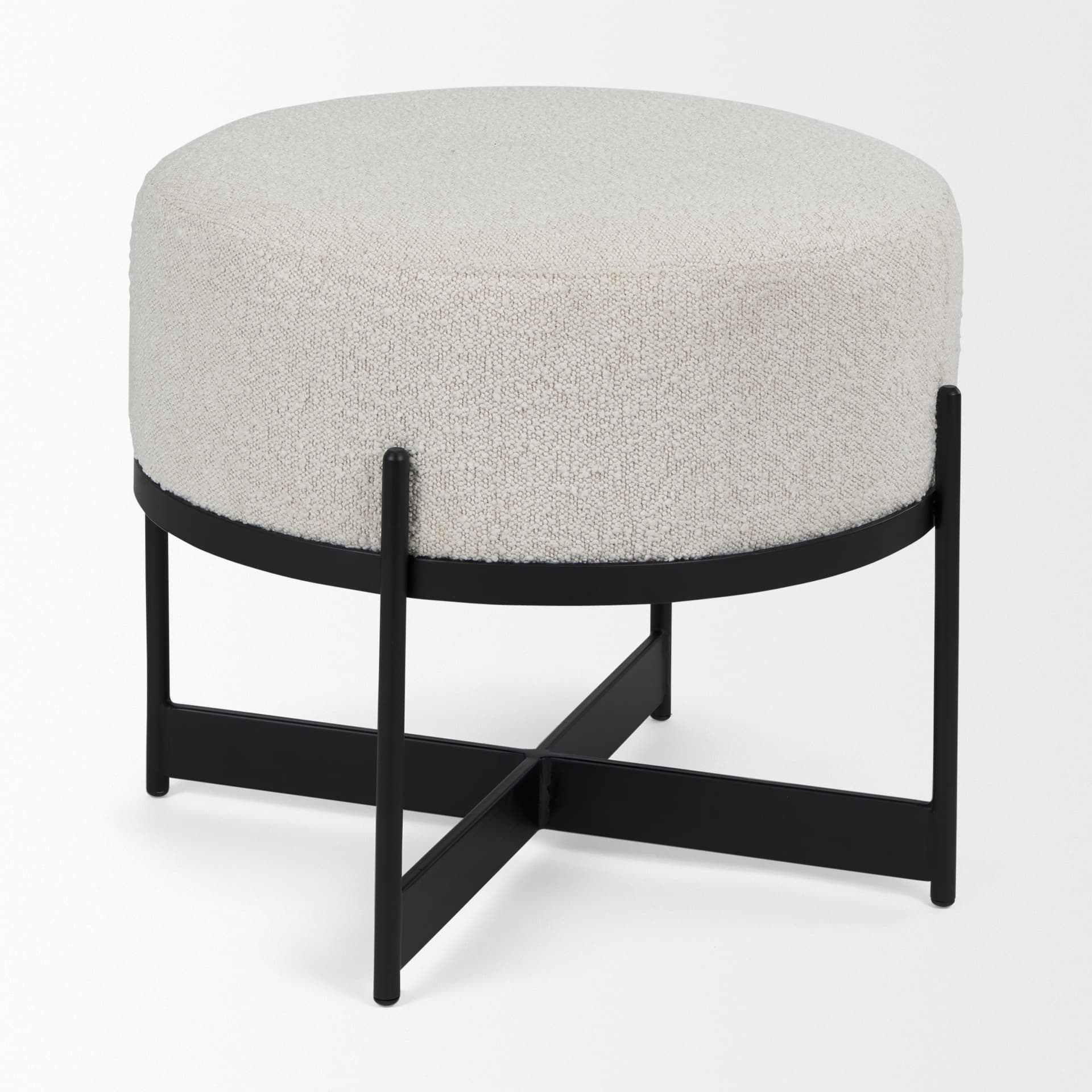 Amelia Cream Boucle W/Black Metal Upholstered Pouf — product photograph