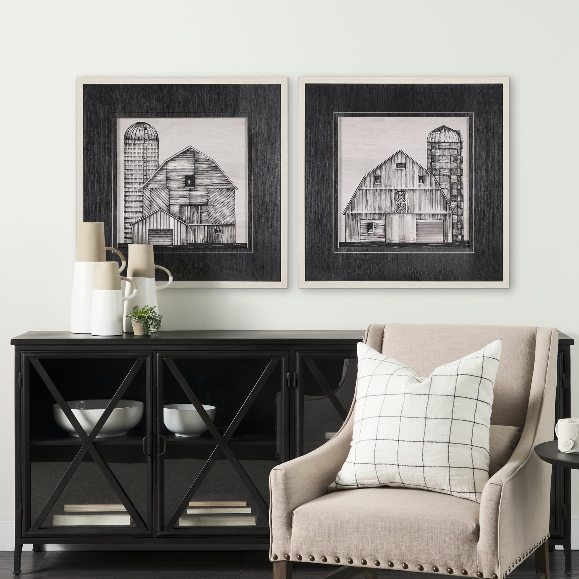 Barn Buildings I by Mercana Studio a Hand Embellished Textured Framed Art Print Matted under Glass — in a styled room