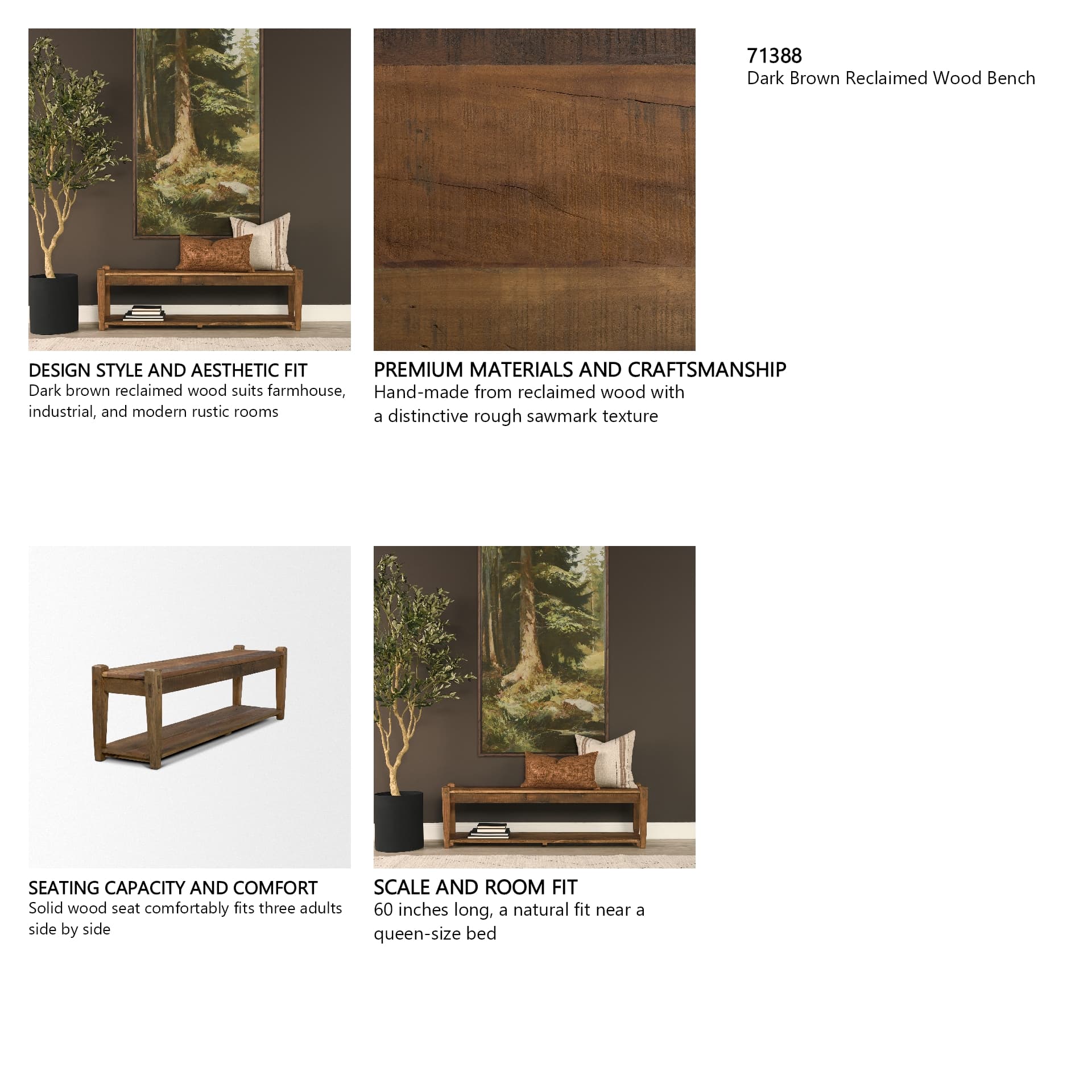 Ashwick Dark Brown Reclaimed Wood Bench — in a styled room