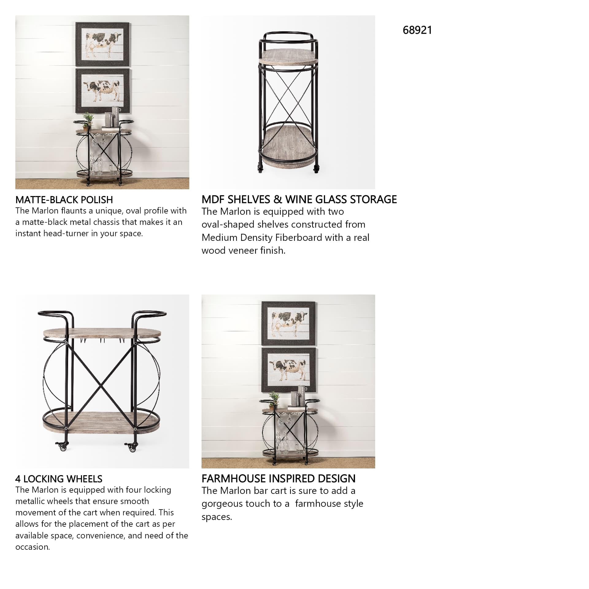 Marlon Black Metal Frame Two Tier Shelves w/Stemware holder Bar Cart — in a styled room