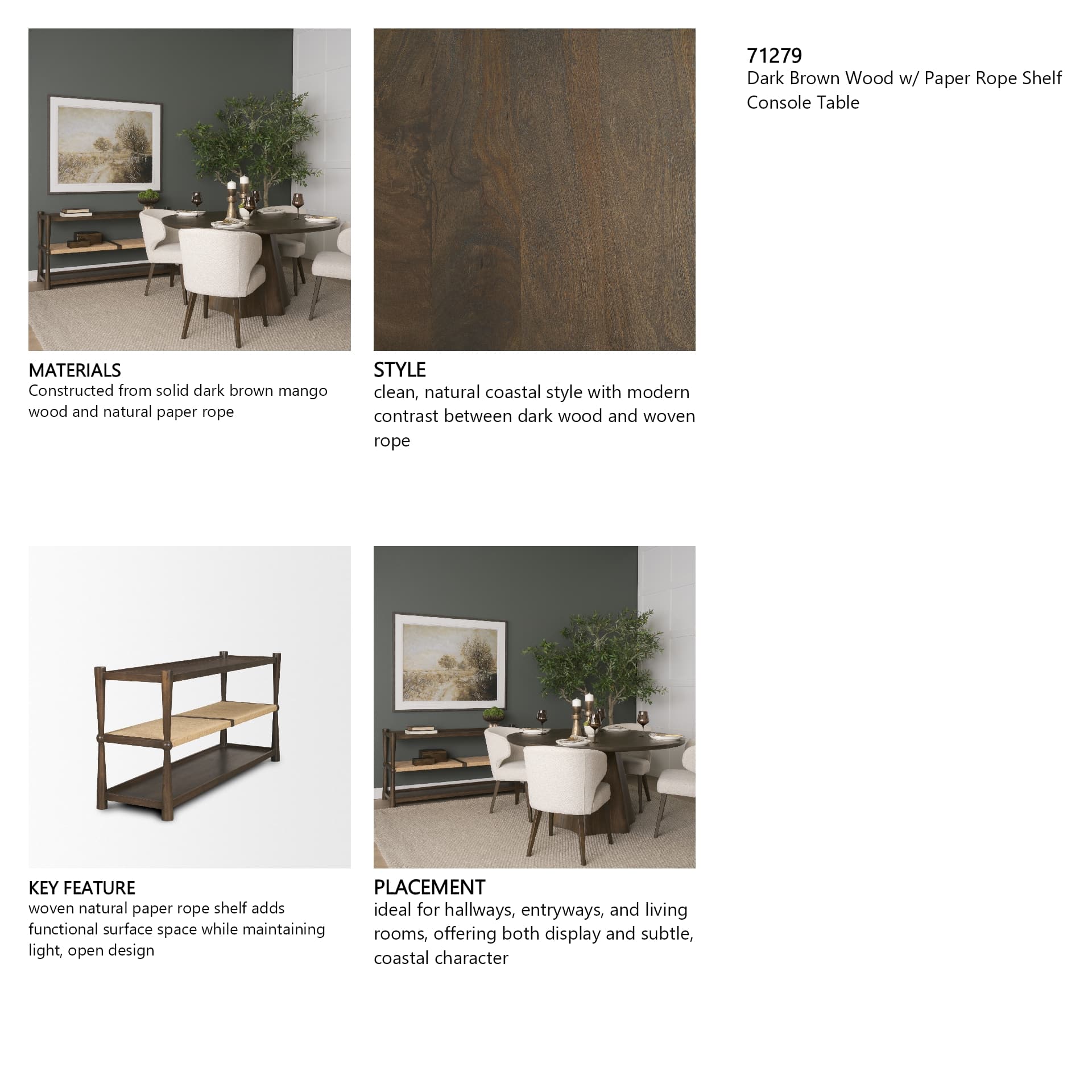 Bondi Dark Brown Wood w/ Paper Rope Shelf Console Table — in a styled room