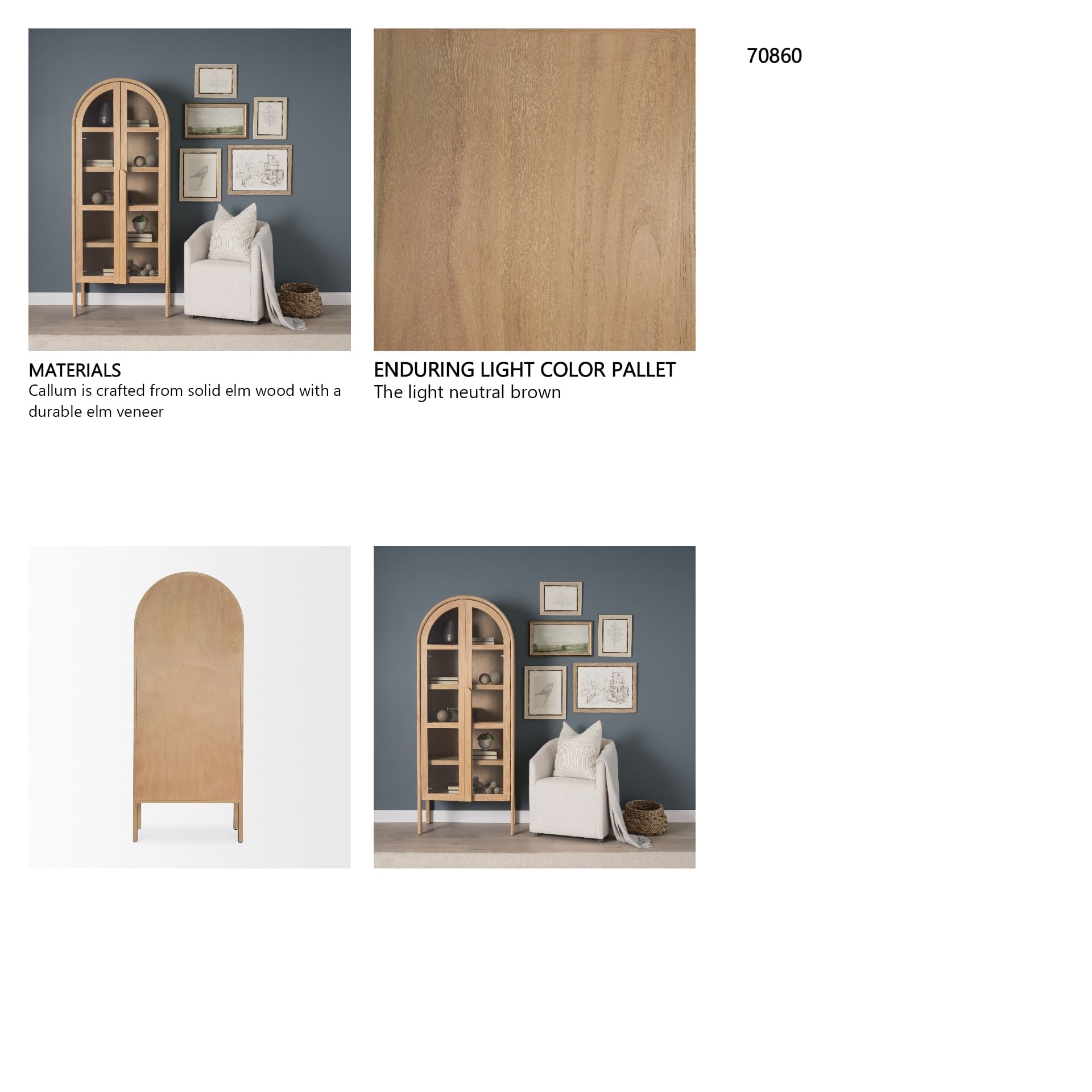 Callum Light Brown Elm Wood w/ Glass Doors Arched Curio Cabinet — in a styled room