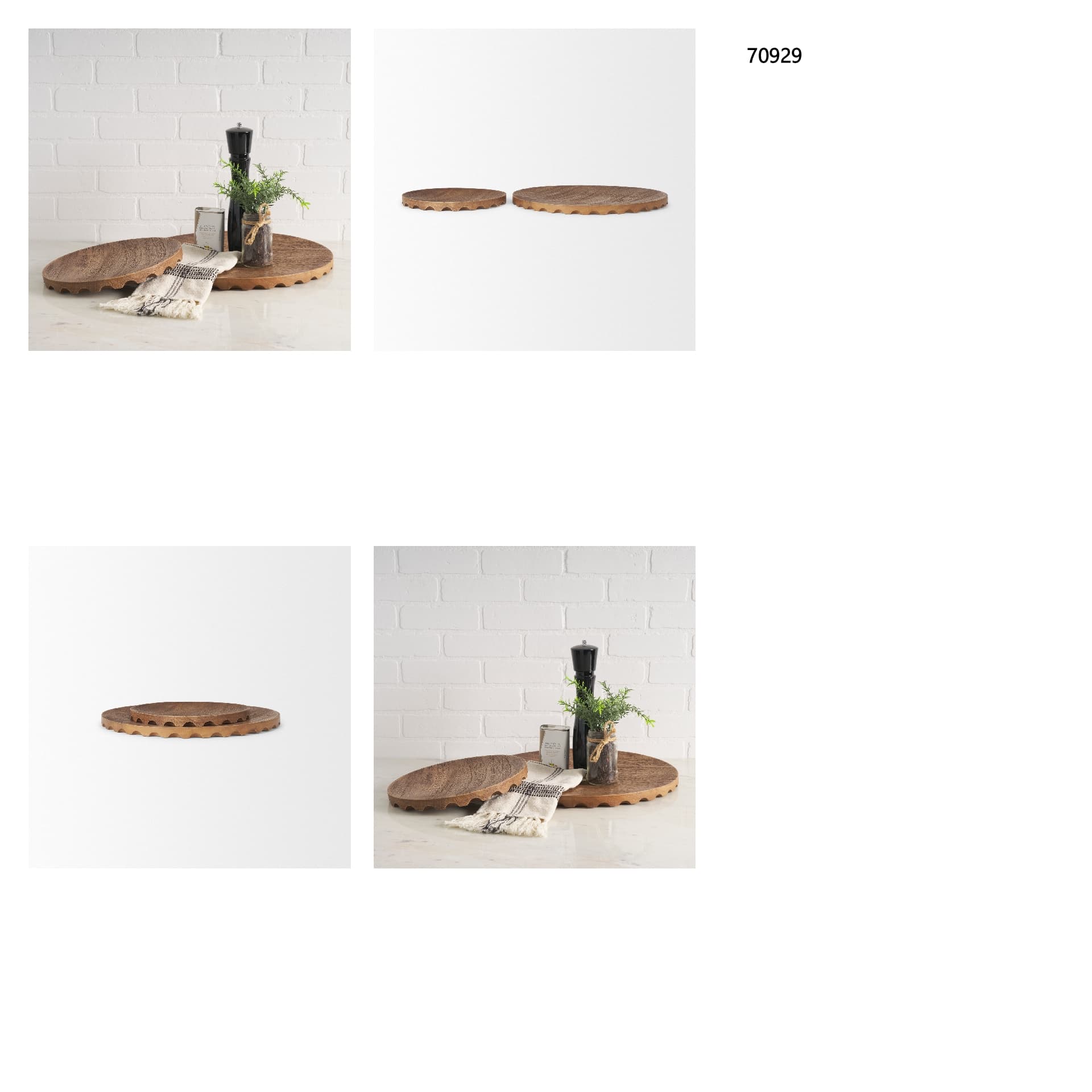 Waverly Round Light Brown Wood Scalloped Edged Trays — in a styled room