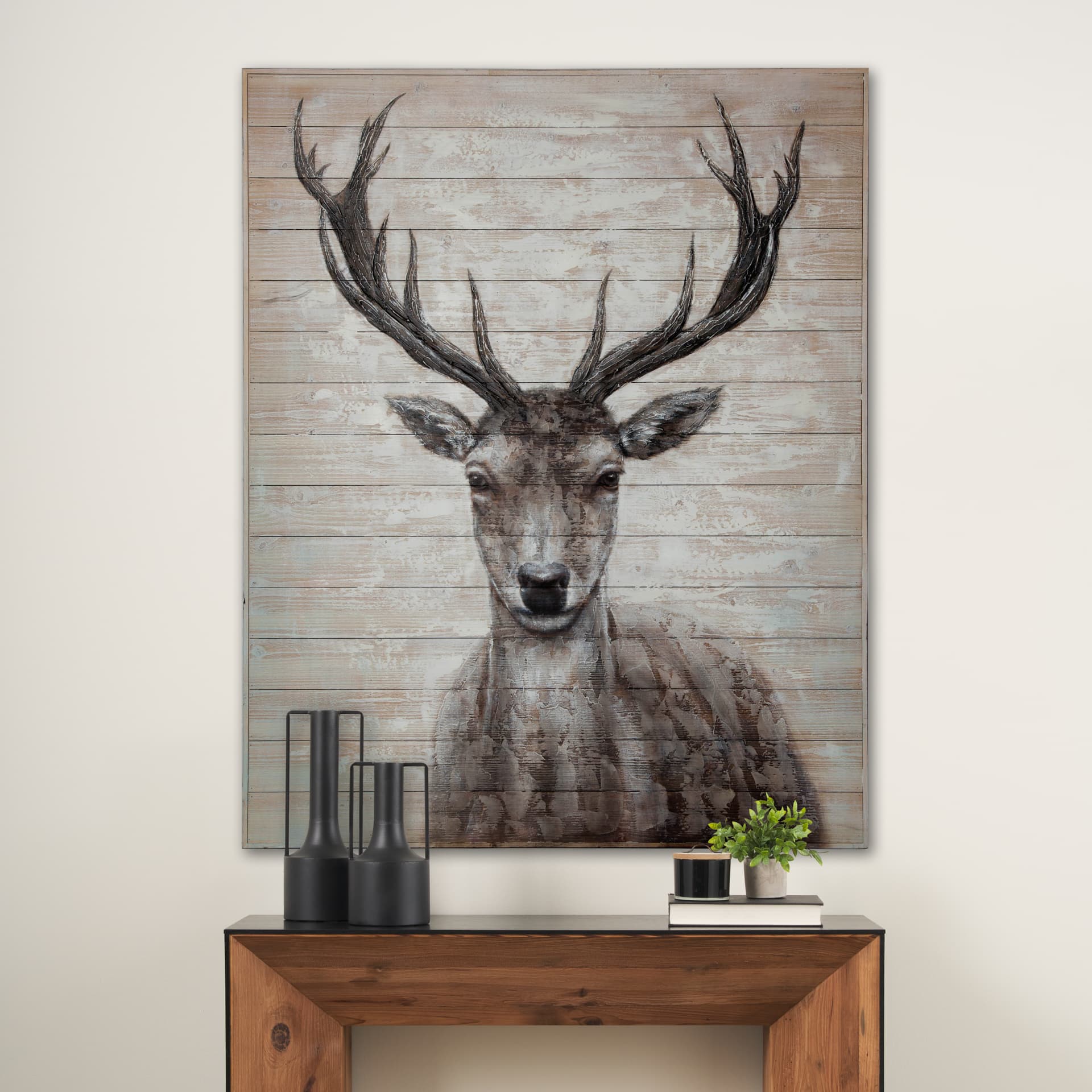 White Tail II 48x60 Deer Original Hand Painted on Wood Oil Painting — in a styled room