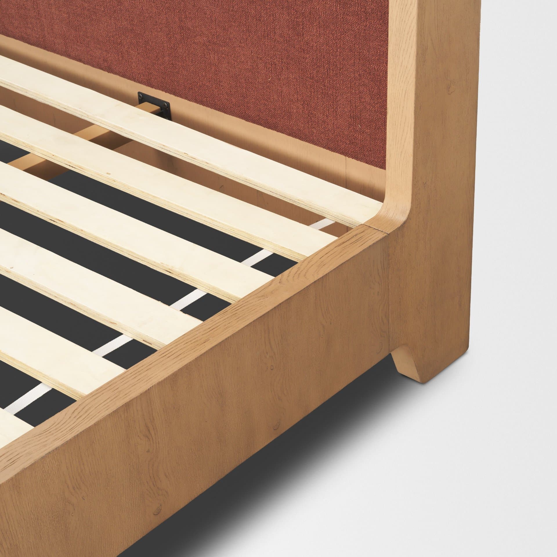 Holden King Upholstered Bedframe | Shelter Headboard | Burgundy Performance Fabric — product photograph