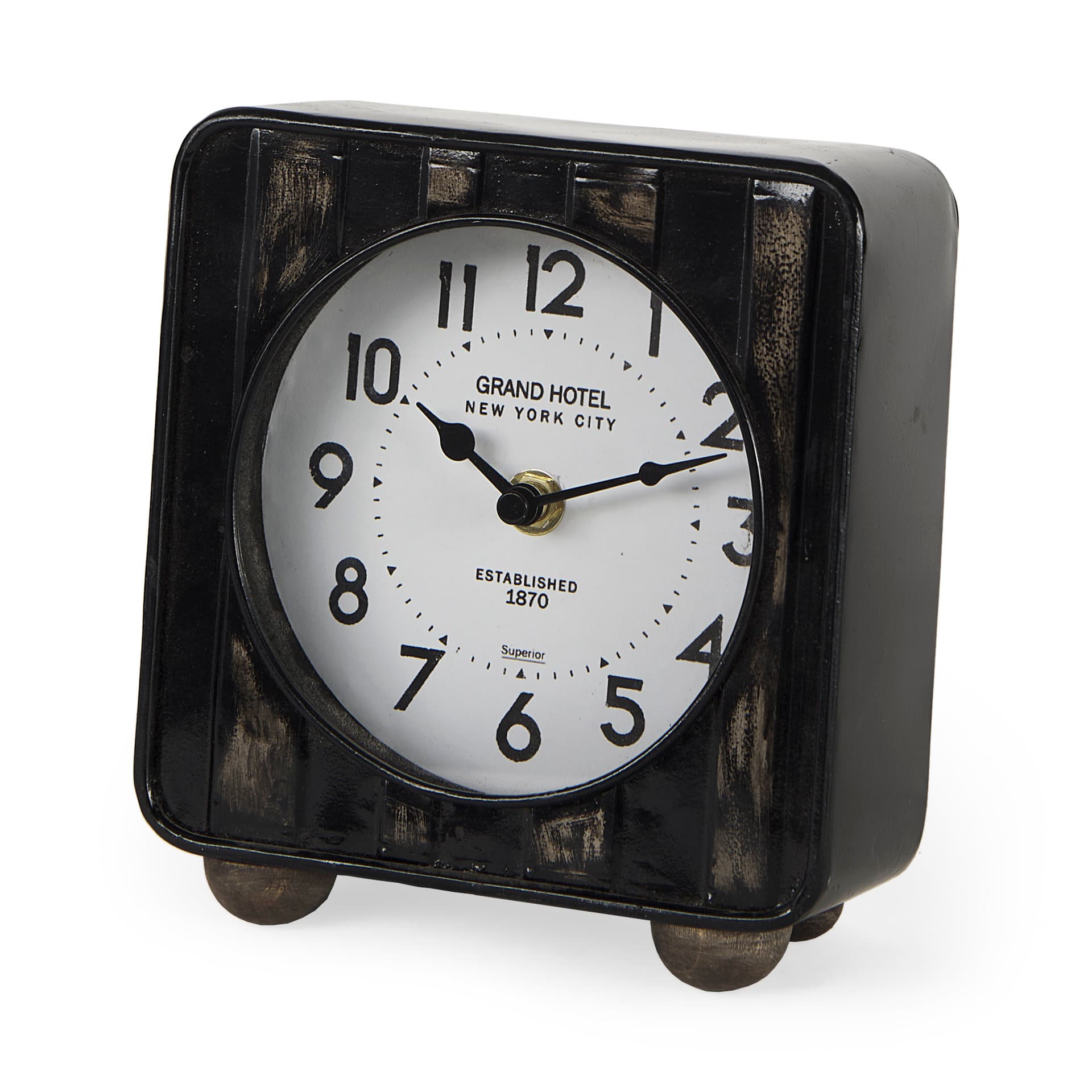 Karl 6.0L x 3.0W x 6.8H Rustic Black Iron Rounded Square Table Clock — product photograph