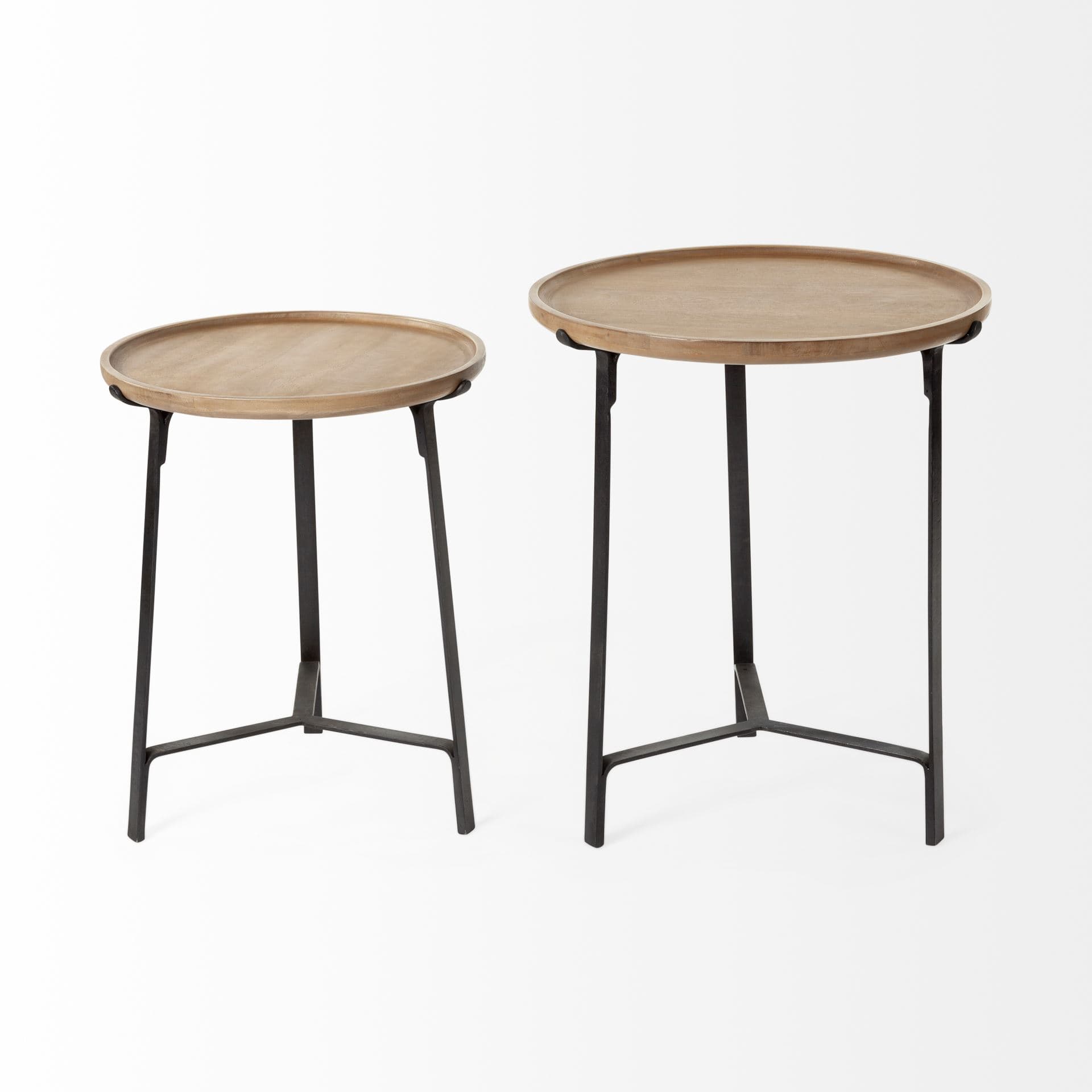Helios III 20L x 24H Set of Two Round Brown Solid Wood Iron Base Nesting End/Side Tables — product photograph