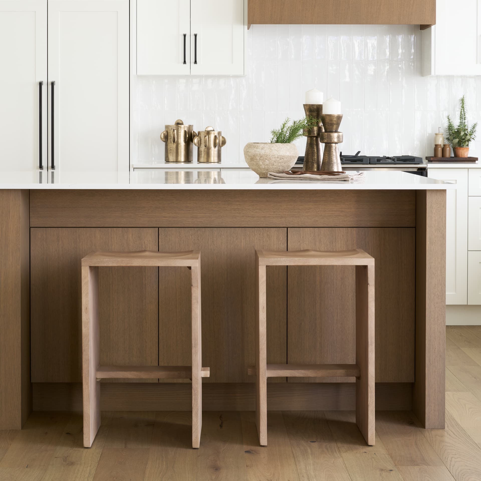 Aida Backless 26in Seat Counter Stool | Light Brown — in a styled room