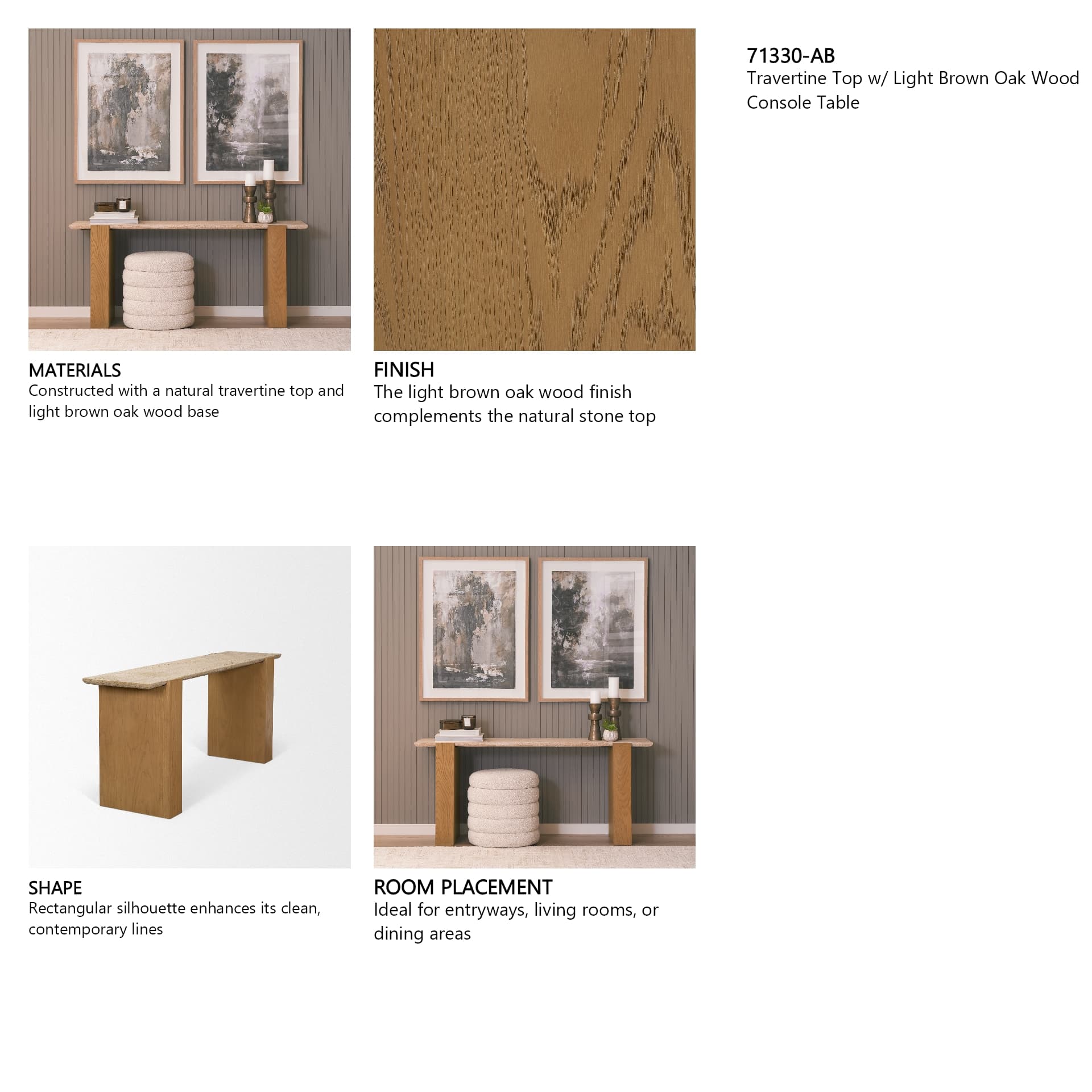 Milos Travertine Top w/ Light Brown Oak Wood Console Table — in a styled room