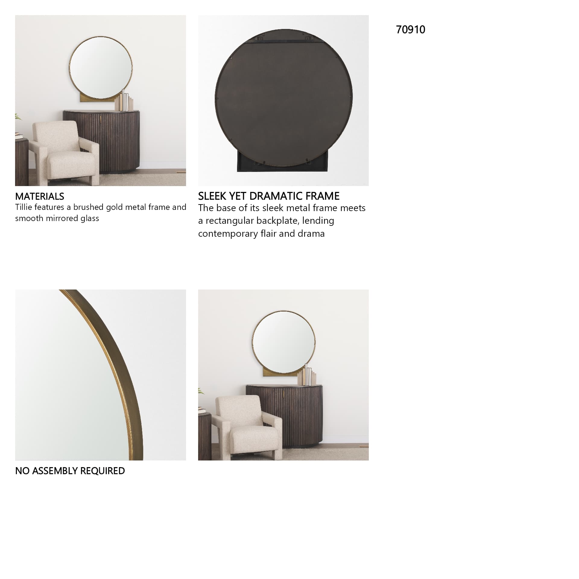 Tillie Round Brushed Gold Metal Frame Wall Mirror — in a styled room