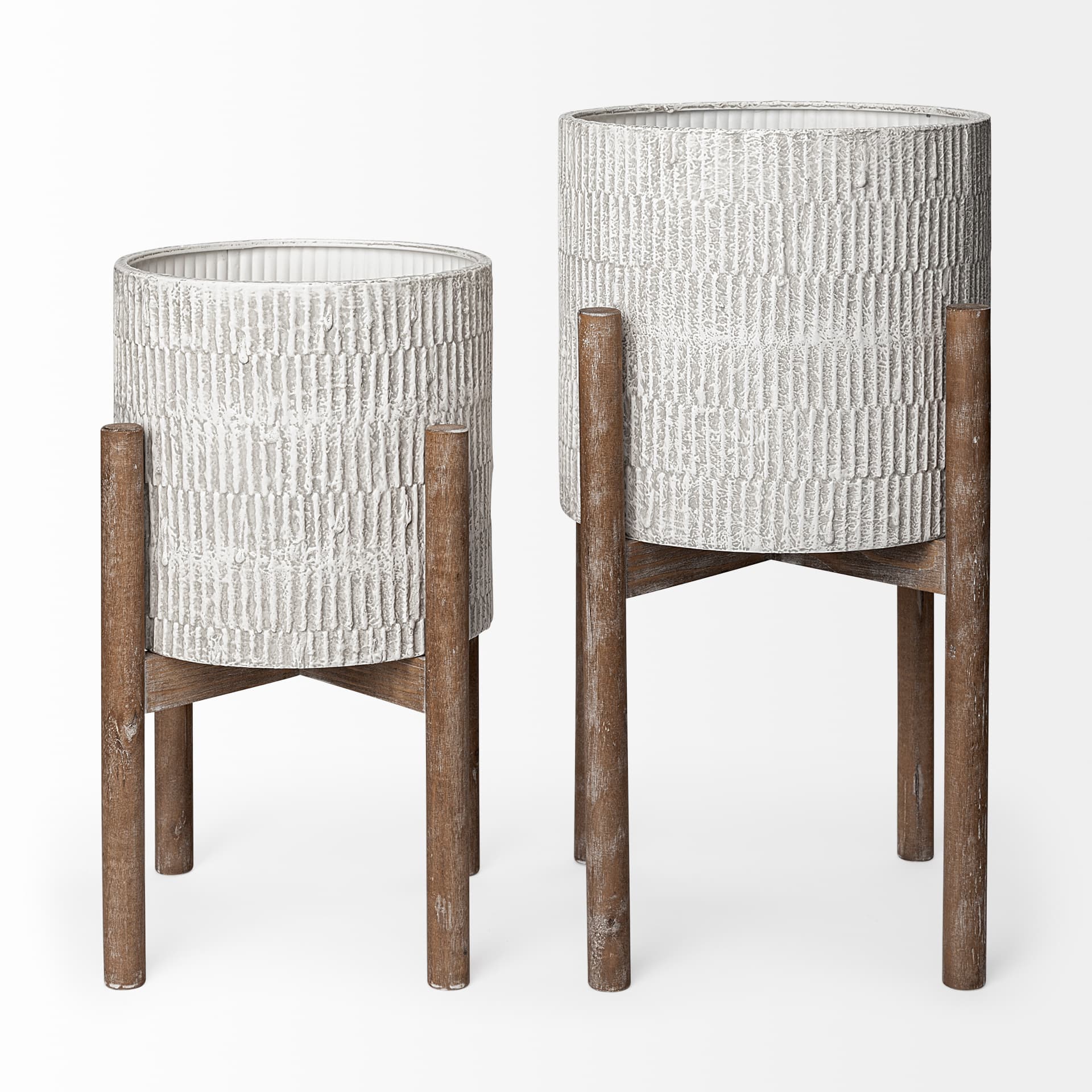 Groot Set of Two 11.8 x 23 Eggshell Ceramic Wooden Base Plant Stands — product photograph
