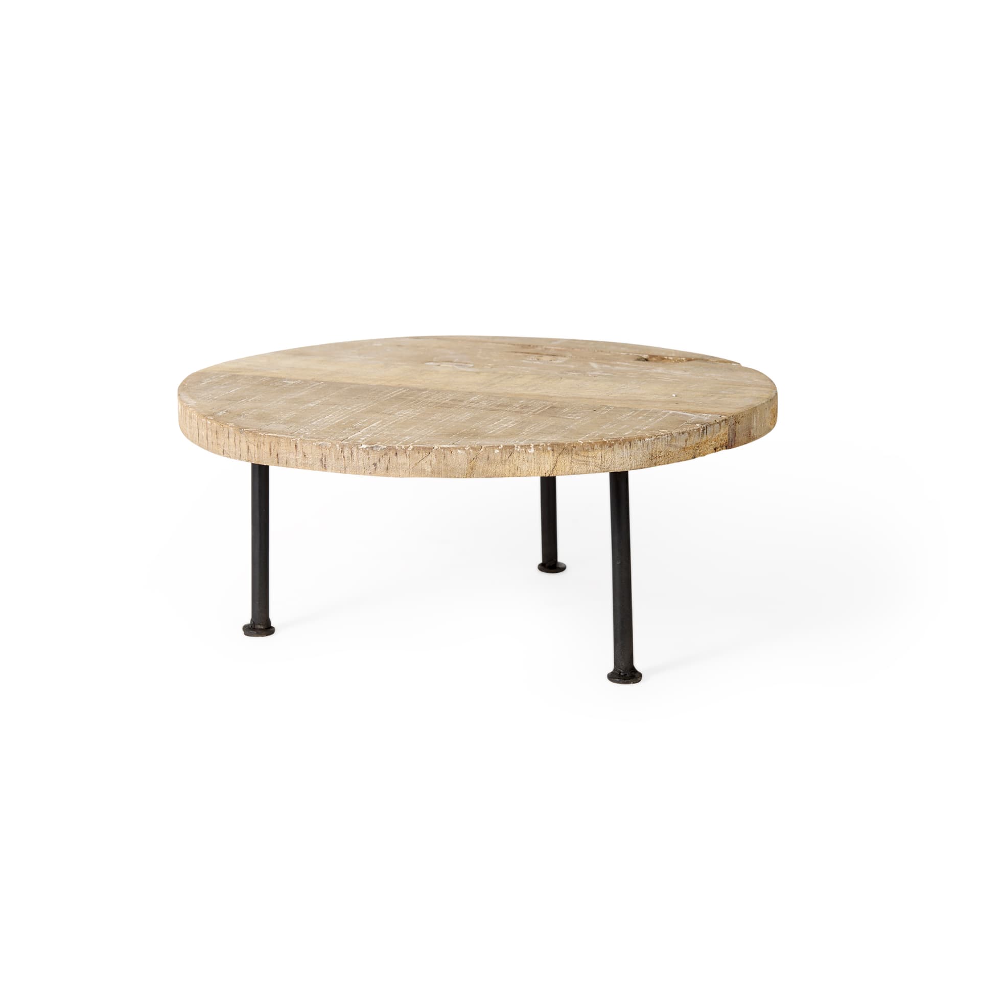 Cedric 15L x 15W x 4.5H Round Light Brown Wood w/ Black Metal Legs Decorative Display Stand — product photograph
