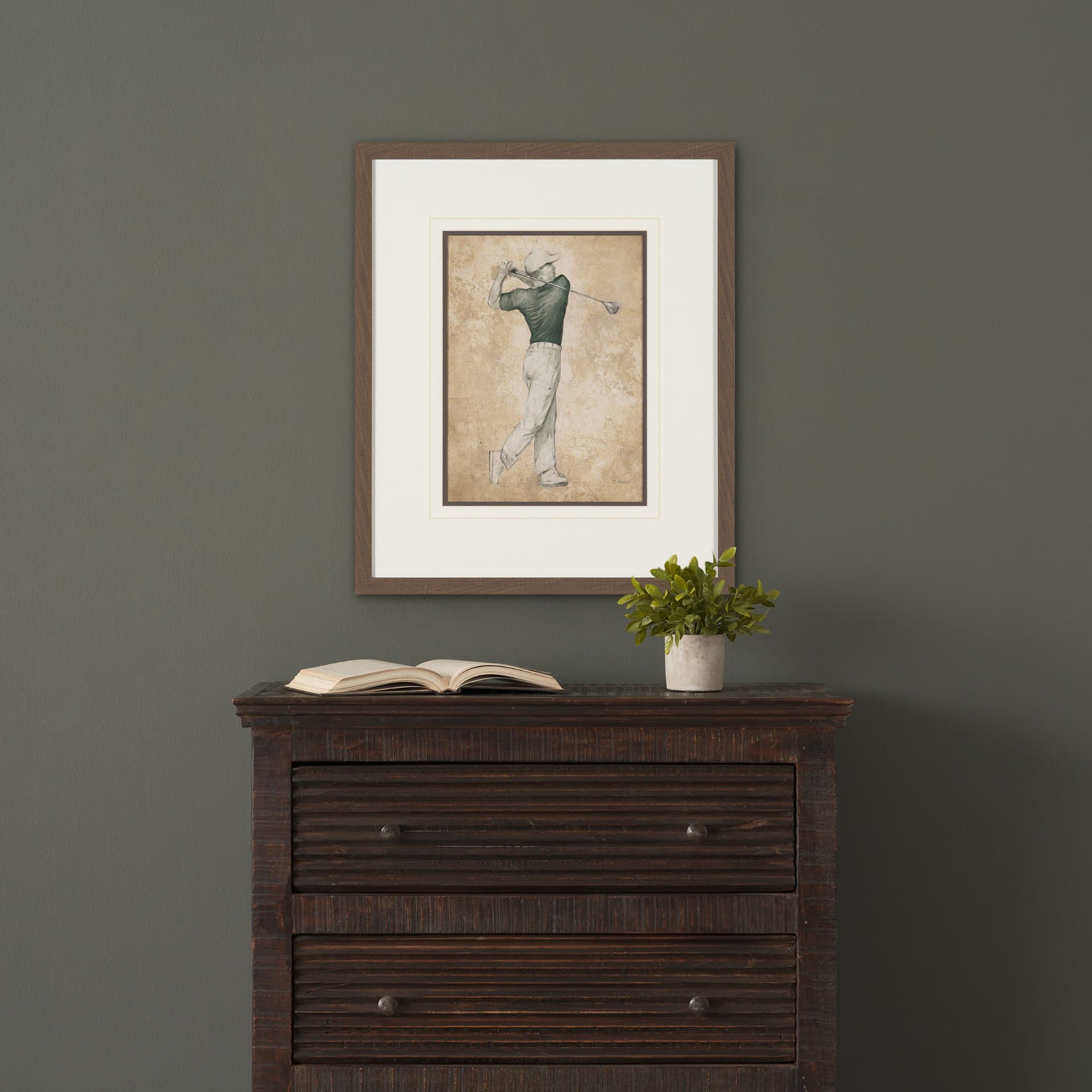 Golf Swing I by Mercana Studio Hand-Embellished Framed Artwork Matted under Glass — in a styled room