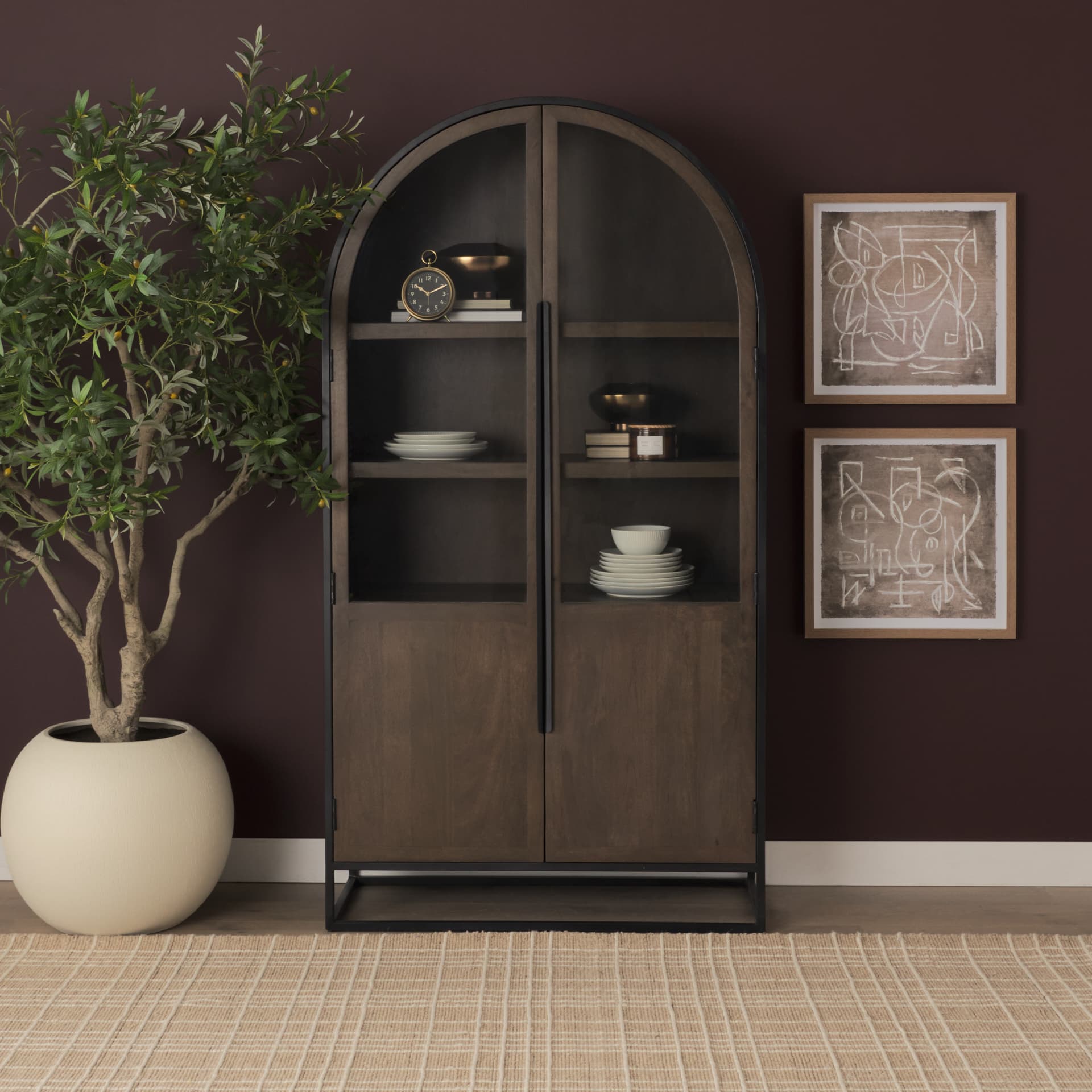 Sloan 42W x 80H Dark Brown Wood W/Black Metal Arched Curio Cabinet — product photograph