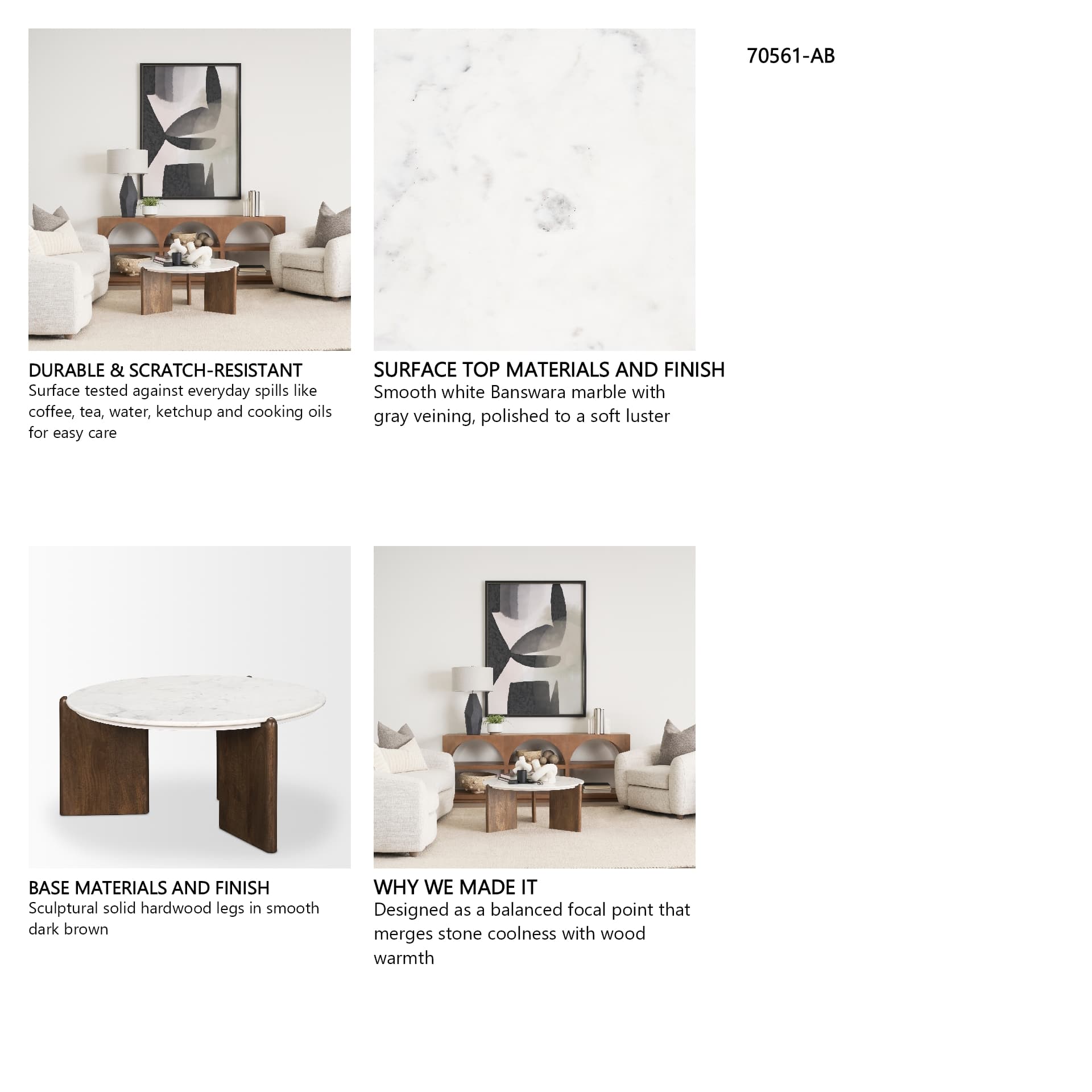 Rumer Dark Brown Wood w/ White Marble Coffee Table — in a styled room