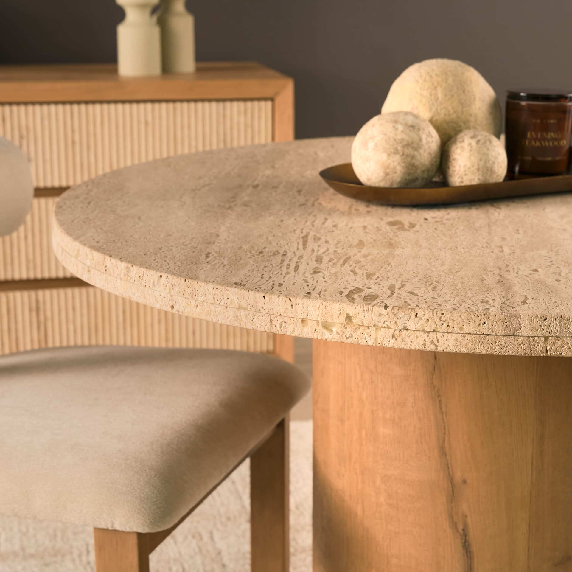 Siena 42" Round Pedestal Dining Table | Travertine | Seats 4 — product photograph