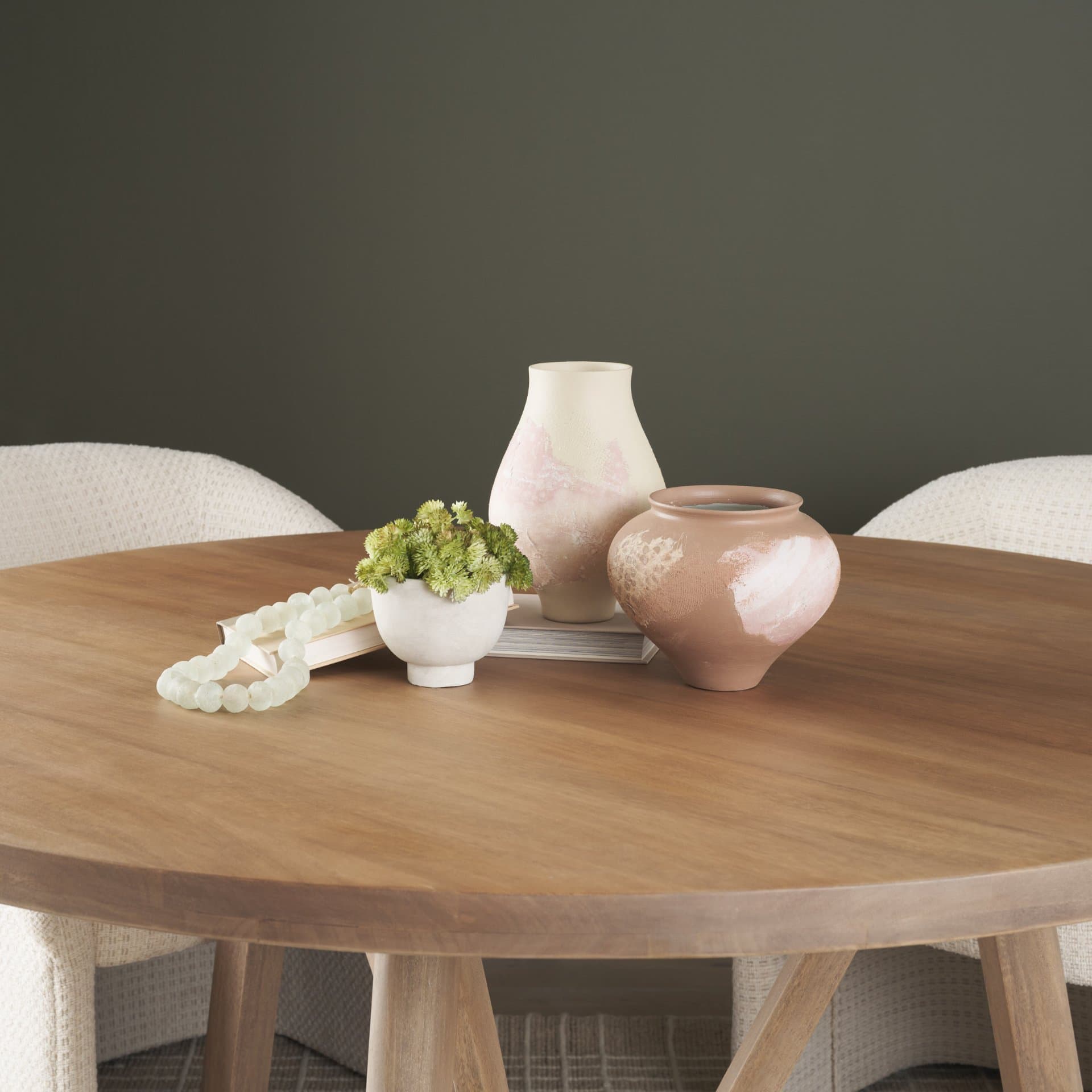 Velo Brown w/White Hand-Painted Terracotta Decorative Vase — in a styled room
