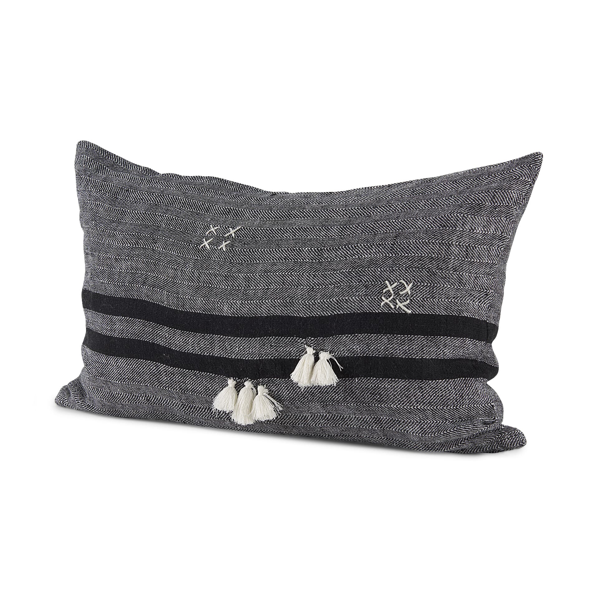 Sibyl 13x21 Black Fabric Striped and White Fringed Pillow Cover w/Down Filler — product photograph
