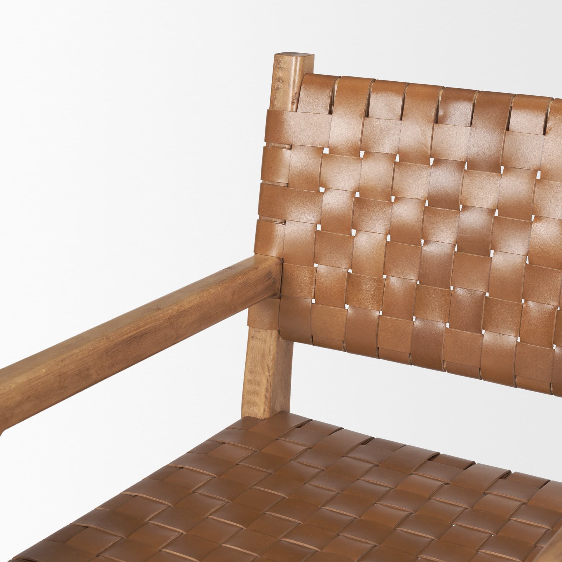 Shane Curved Back Dining Arm Chair | Woven Brown Leather w/ Brown Wood — product photograph