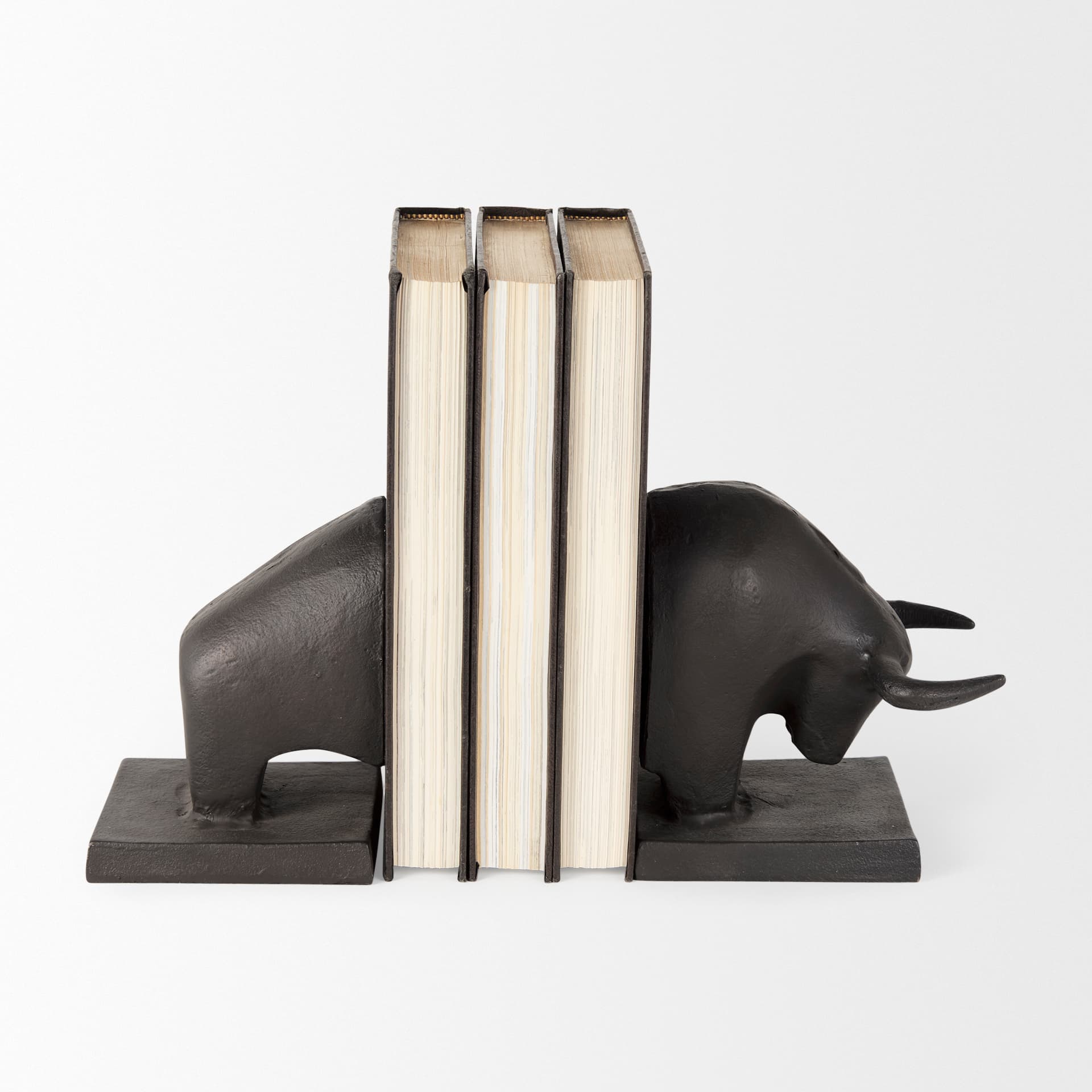 Tauro III (Set of 2) 10L x 5W Black Cast Aluminum Raging Bull Bookends — product photograph