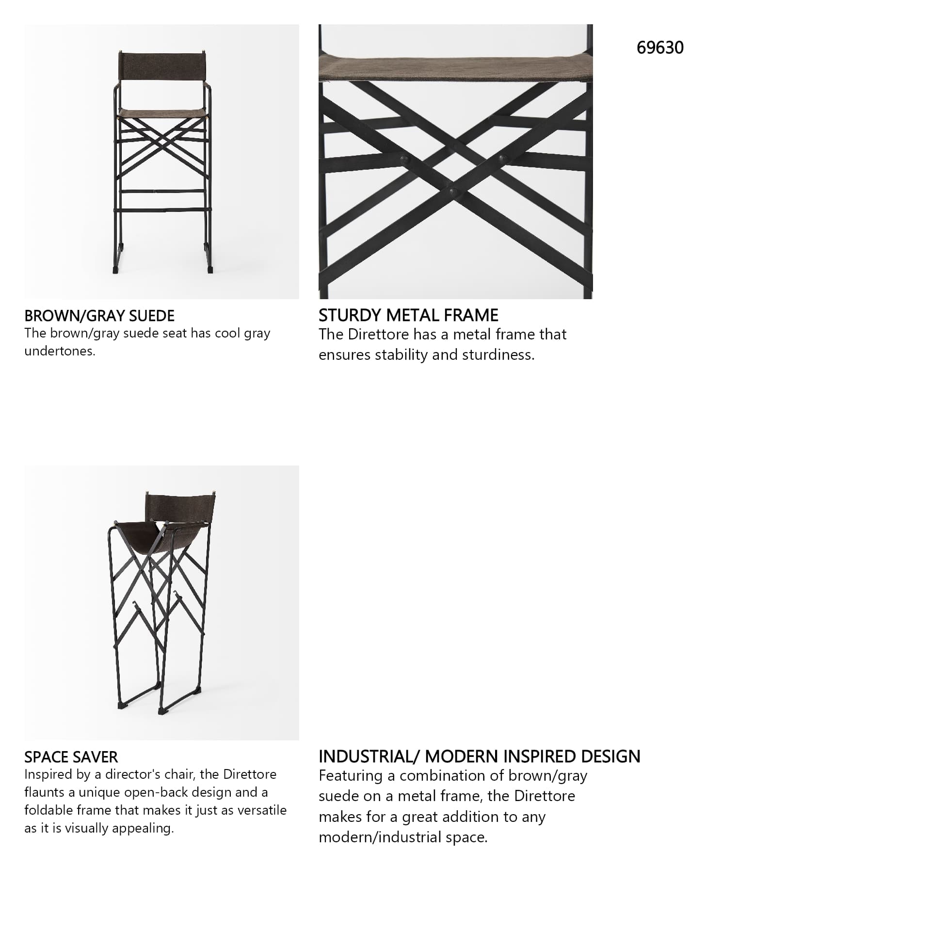 Direttore Backless 44.3in Seat Bar Stool | Brown/Gray Suede w/ Metal — product photograph