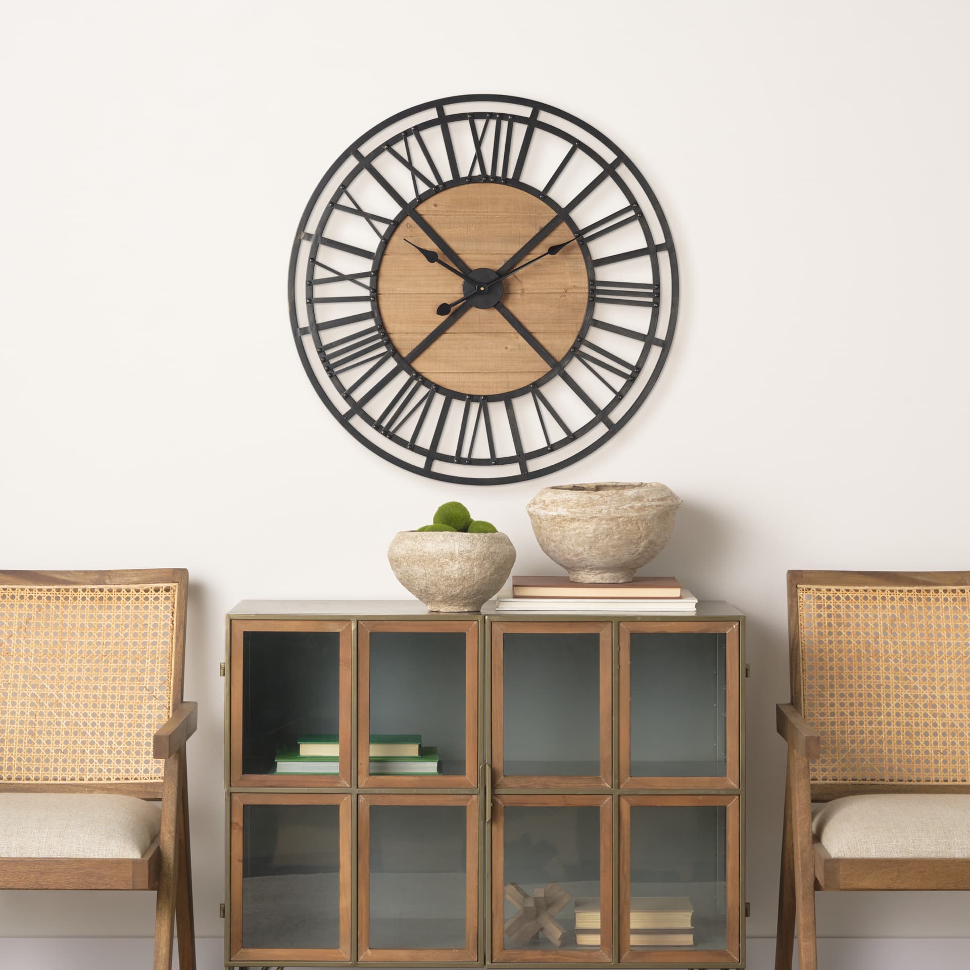 Lewiston 30.1L x 2.0W x 30.1H Black Iron W/Wood Round Wall Clock — in a styled room