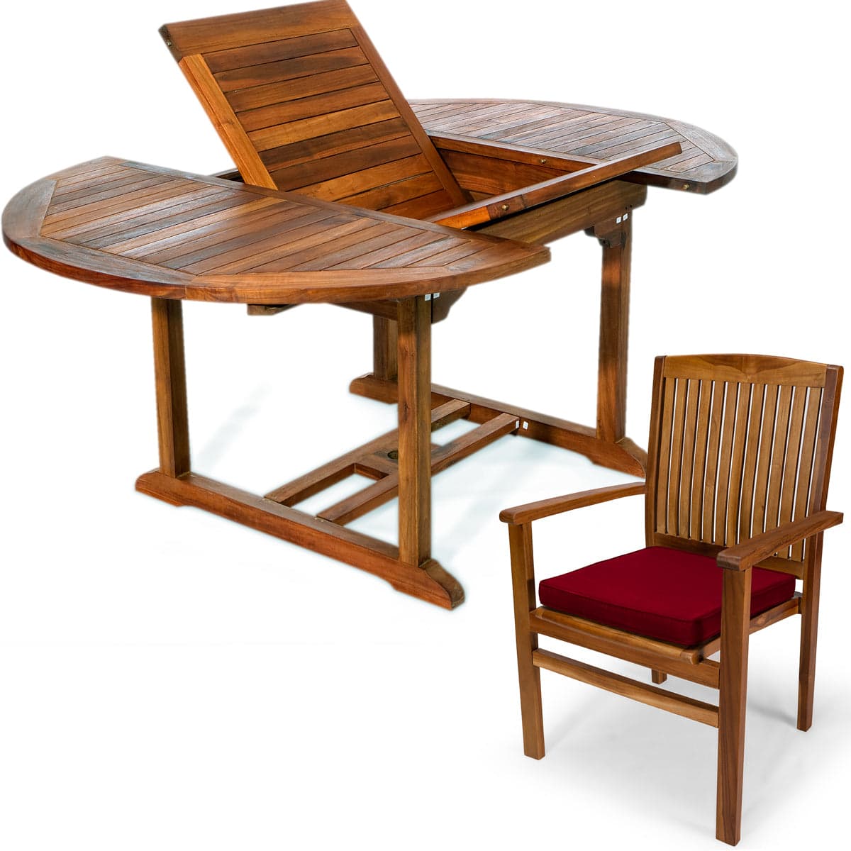 5-Piece Teak Oval Extension Table Stacking Chair Set with Green Cushions TE70-24-G — product photograph