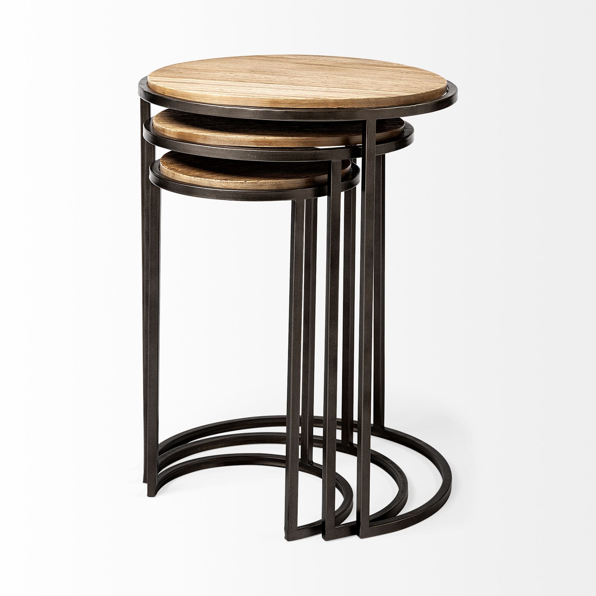 Glover (Set of 3) 20L x 20W Brown Wood Round Top W/Metal Nesting Accent Tables — product photograph