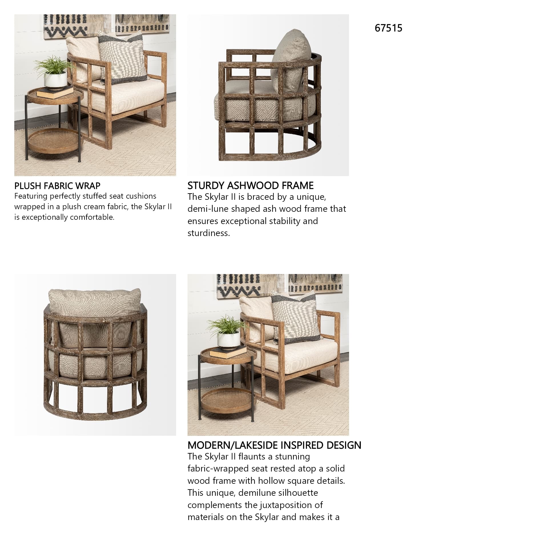 Skylar II Tan Fabric Covered Cushioned Demi-Lune Wooden Frame Accent Chair — in a styled room