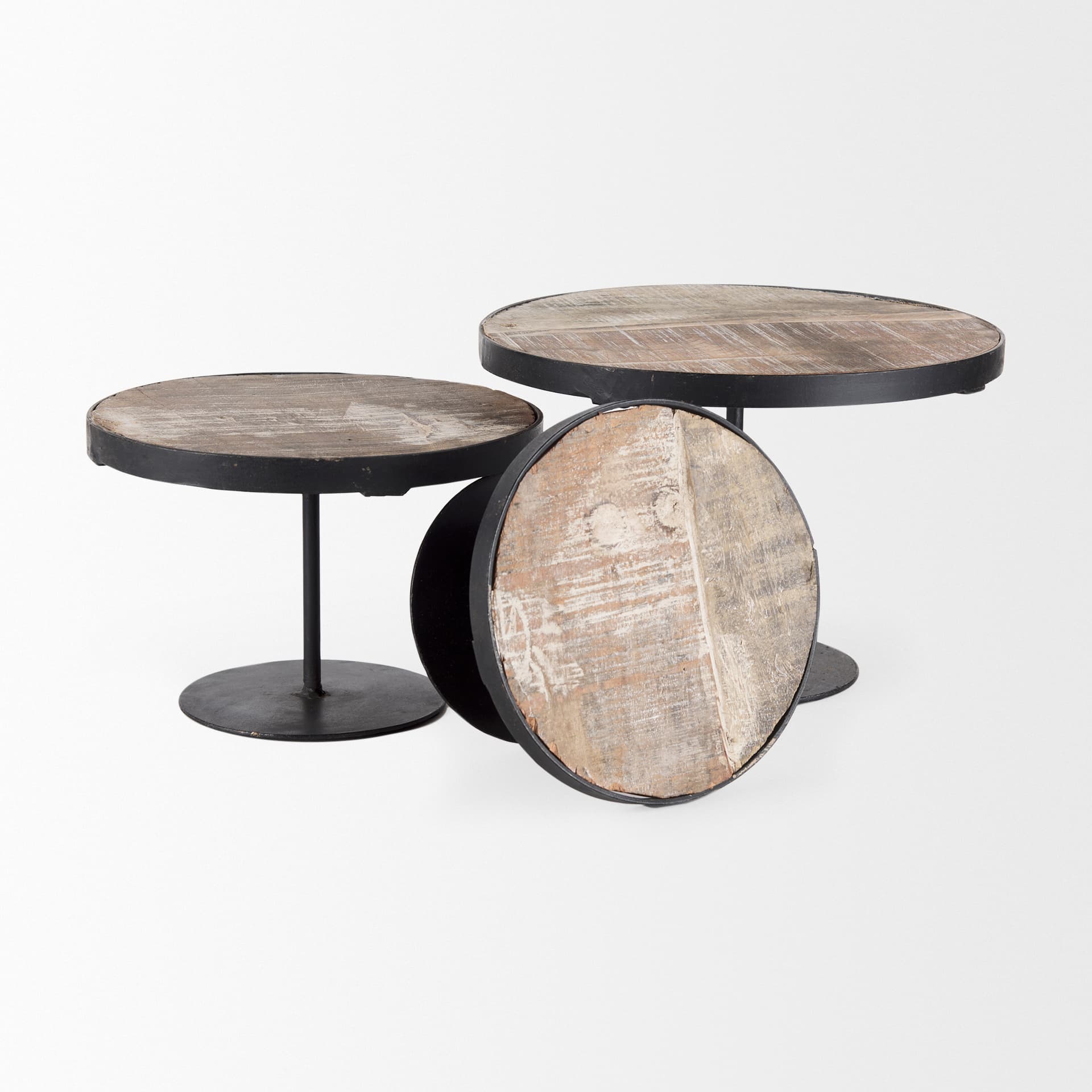 Lorenz (Set of 3) Light Brown Wood W/ Black Metal Base Round Decorative Display Stands — product photograph