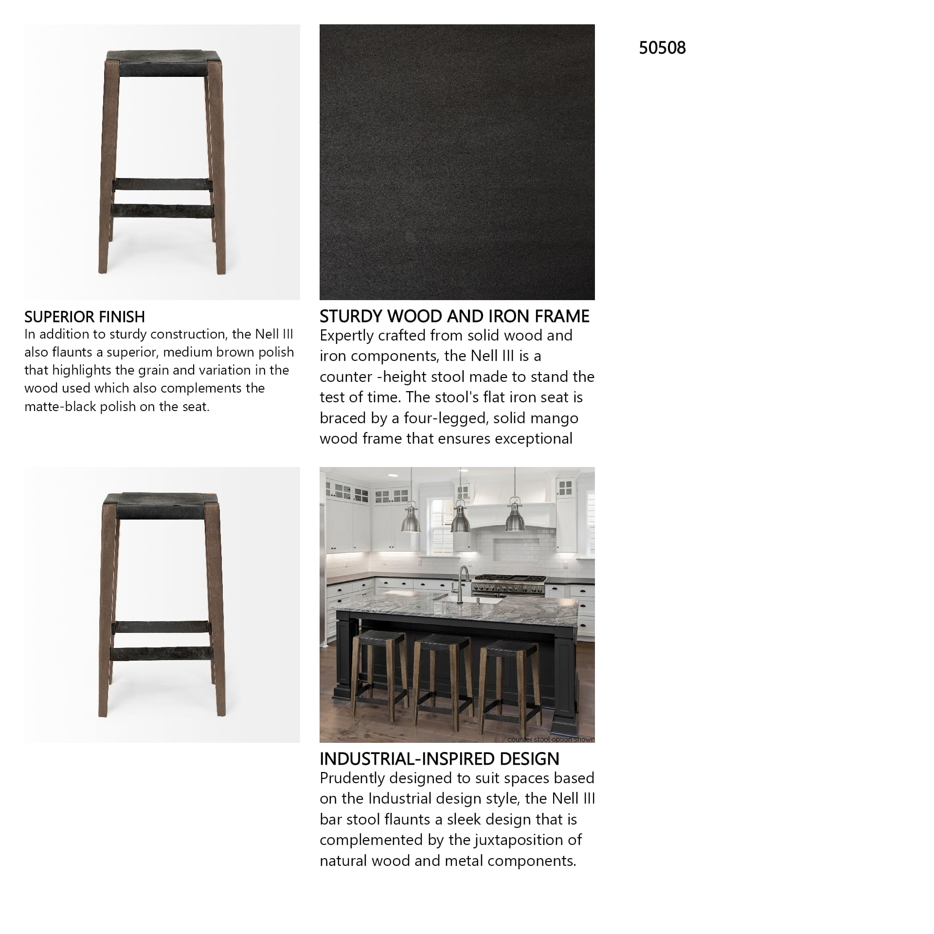 Nell Backless 30in Seat Bar Stool | Black Metal w/ Light Brown Wood — product photograph