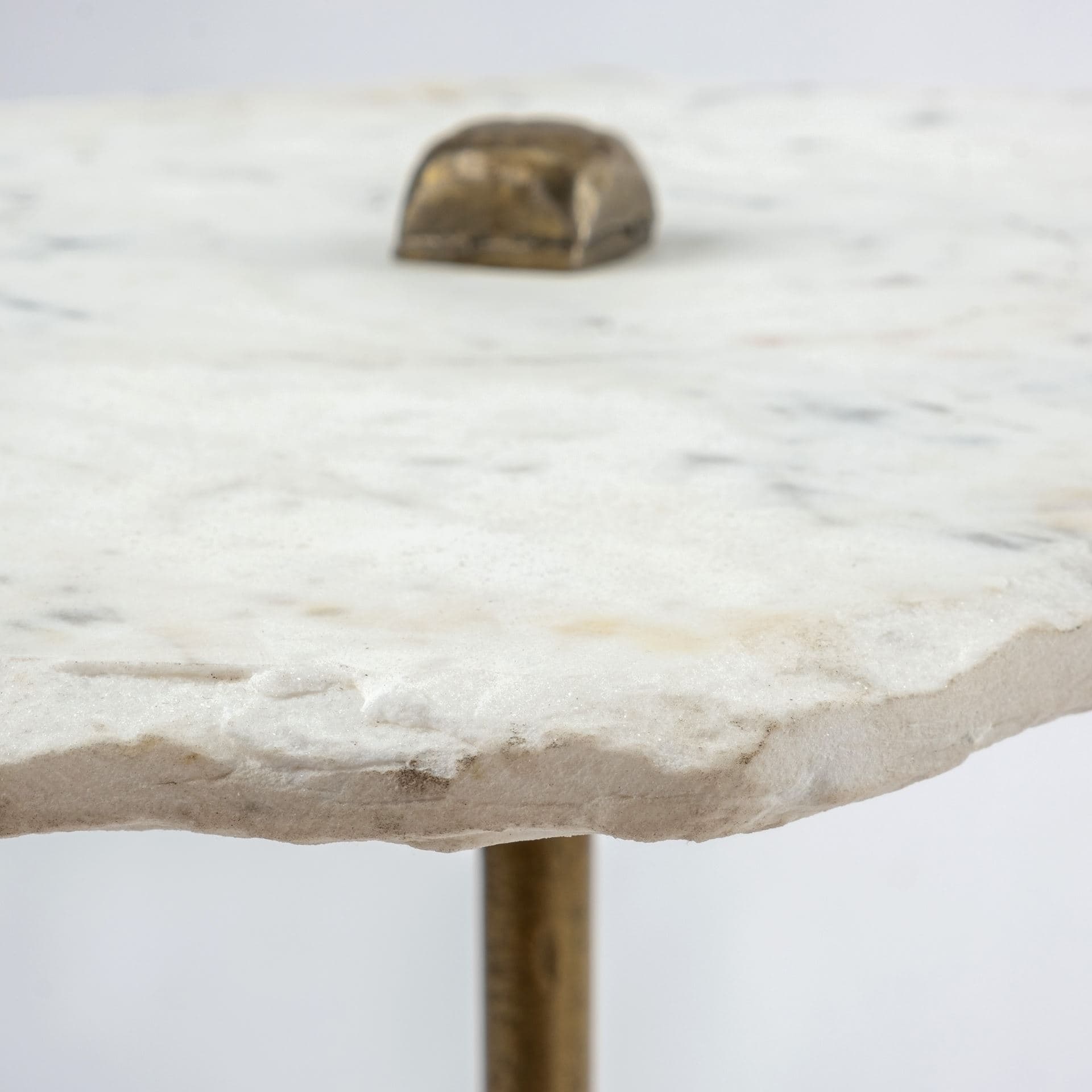 Pinera II 19L x 19W White Marble W/ Triangluar Gold Iron Base Accent Table — product photograph