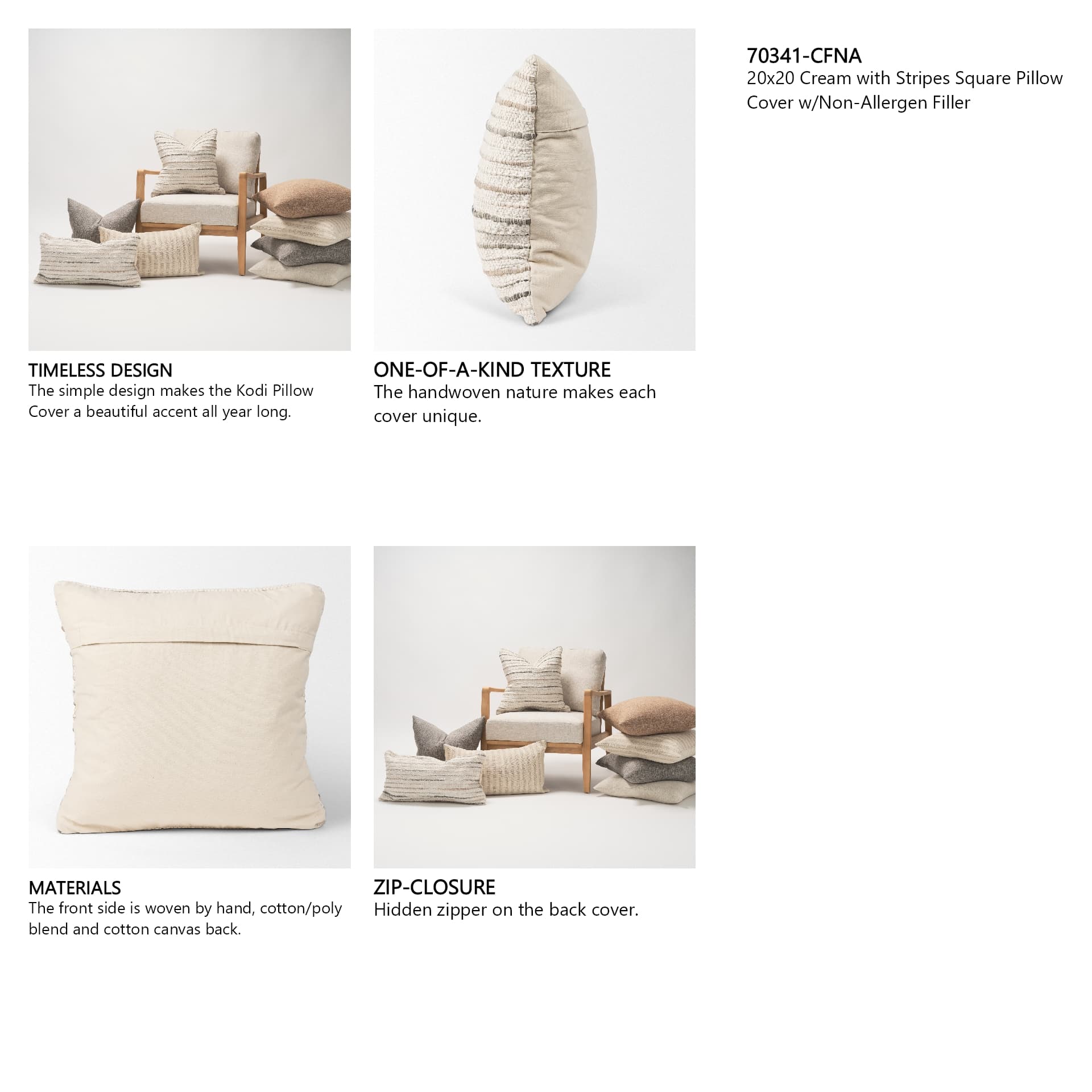 Kodi 20x20 Cream with Stripes Square Pillow Cover w/Non-Allergen Filler — in a styled room