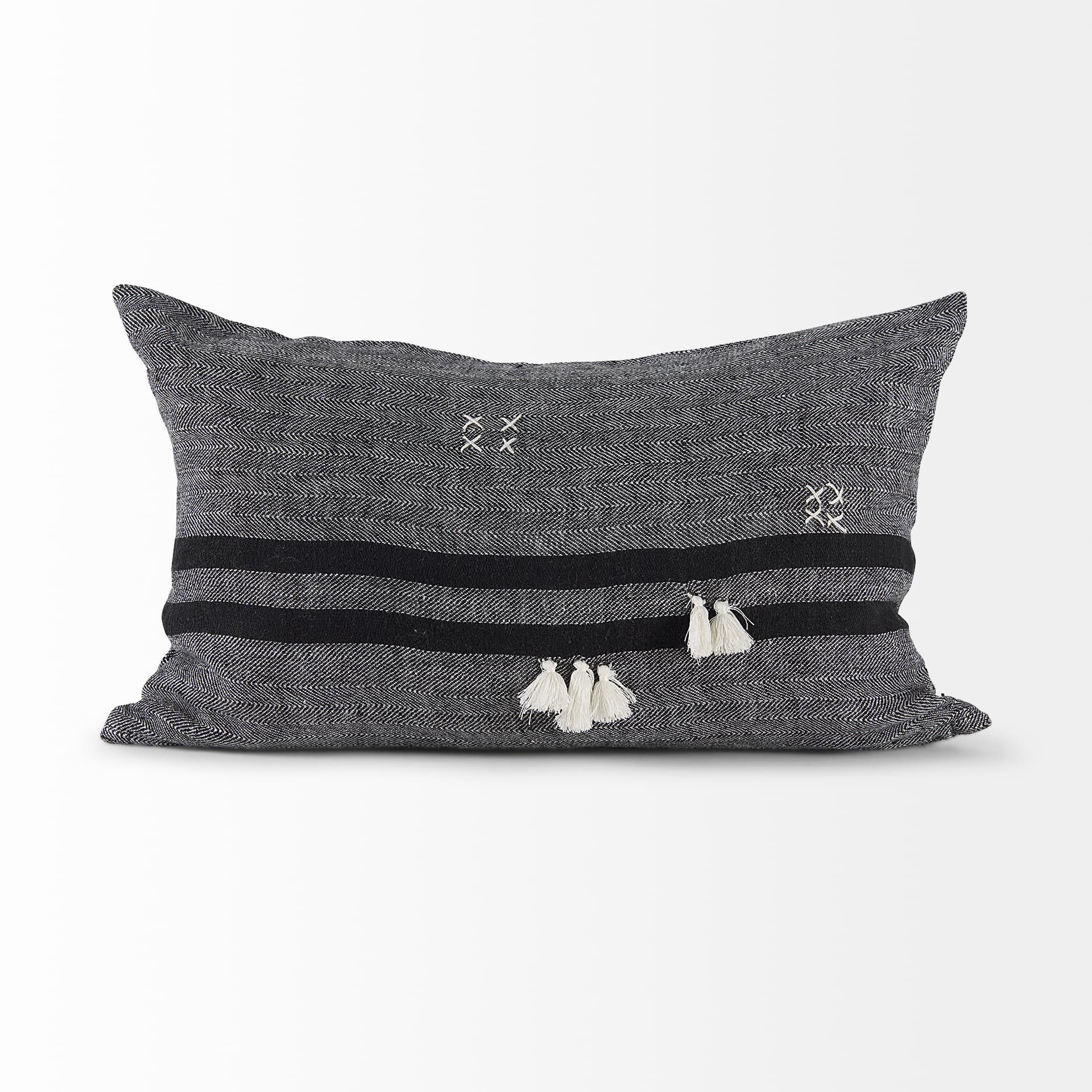 Sibyl 13x21 Black Fabric Striped and White Fringed Pillow Cover w/Down Filler — product photograph