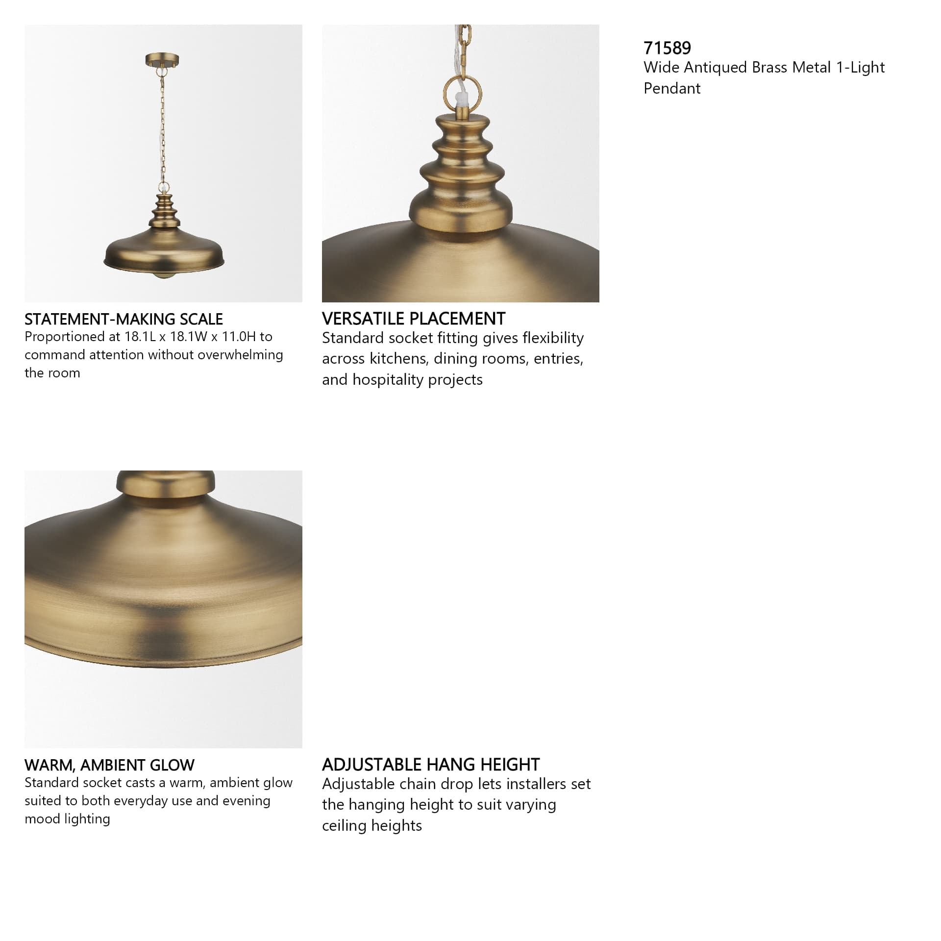 Keller Wide Antiqued Brass Metal 1-Light Pendant — in a styled room