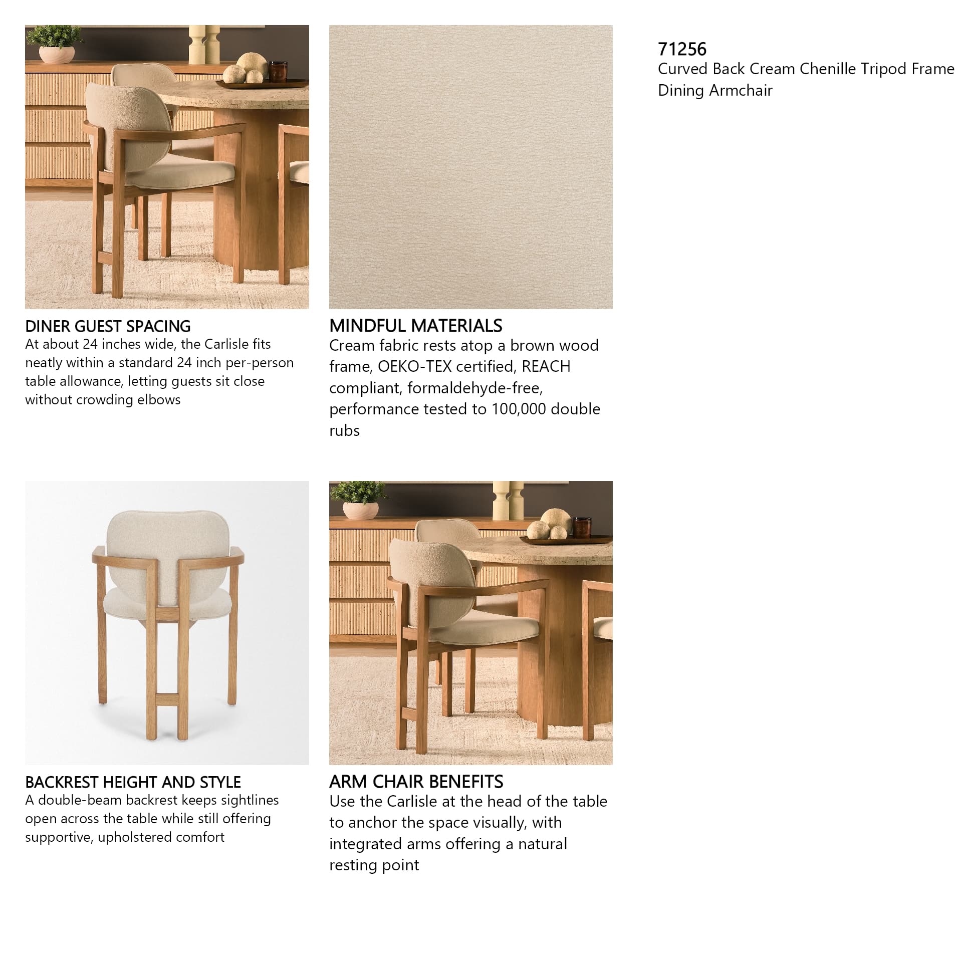 Carlisle Curved Back Dining Arm Chair | Cream Chenille w/ Brown Wood — in a styled room