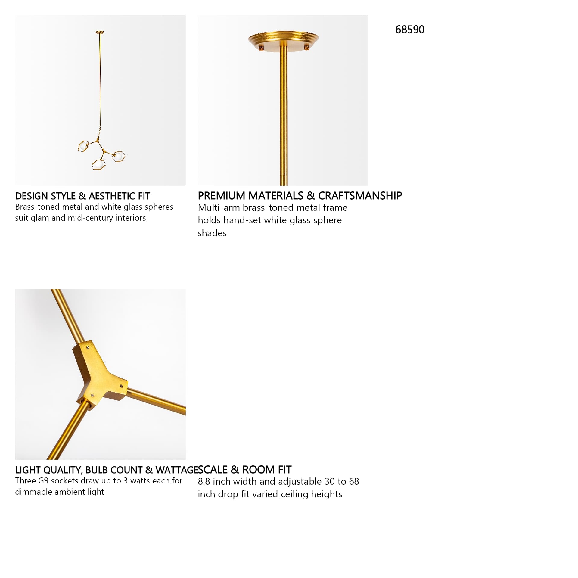 Desousa II (33.9"L x 8.8"W x 28"H) Brass-Toned Metal Multi-Arm Three Light Chandelier — in a styled room