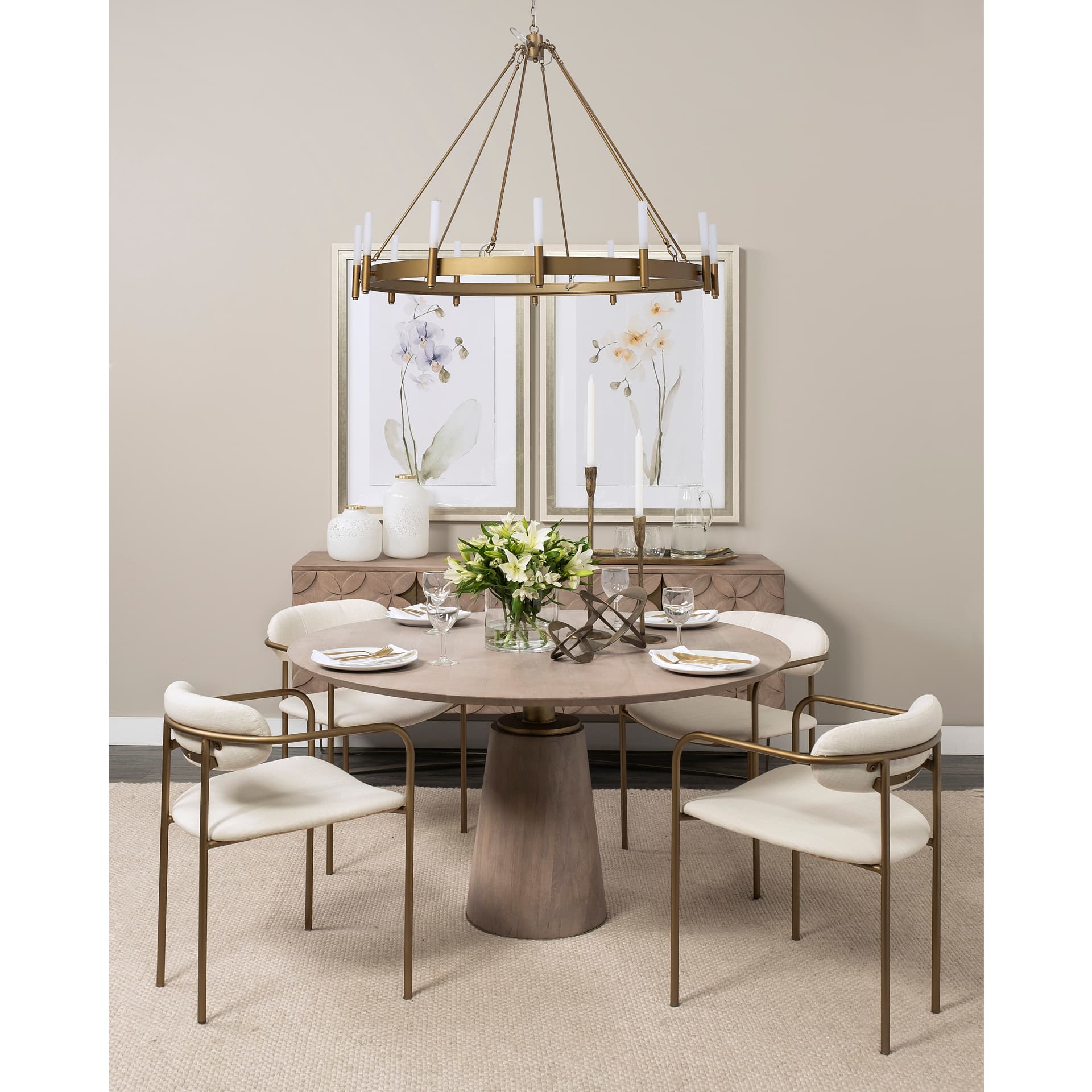 Parker Curved Back Dining Arm Chair | Cream Fabric w/ Gold Metal — product photograph
